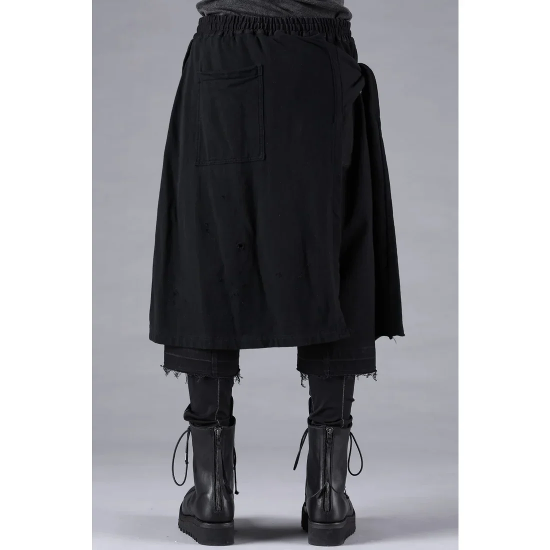 Black Stretch Denim Damage Apron Wide Cropped Pants - Image 5