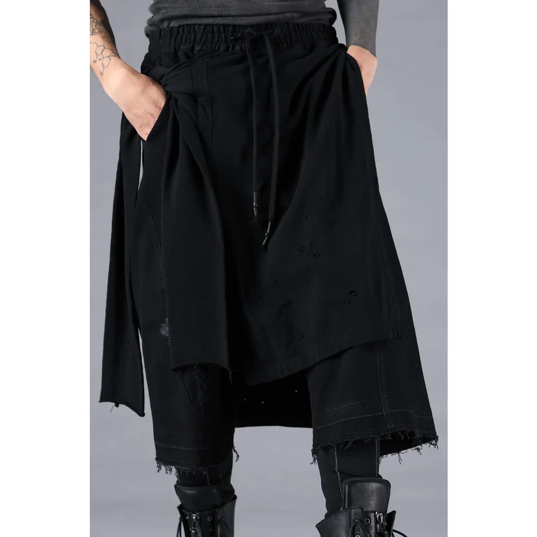 Black Stretch Denim Damage Apron Wide Cropped Pants - Image 7