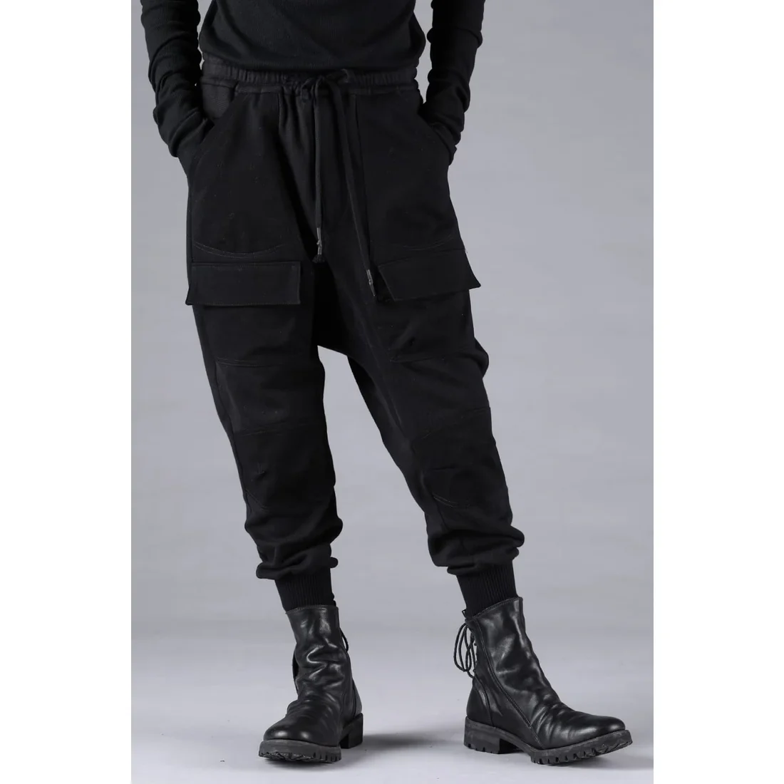 Black Untwisted Yarn Fleece Combination Wide Jogger Pants - Image 10