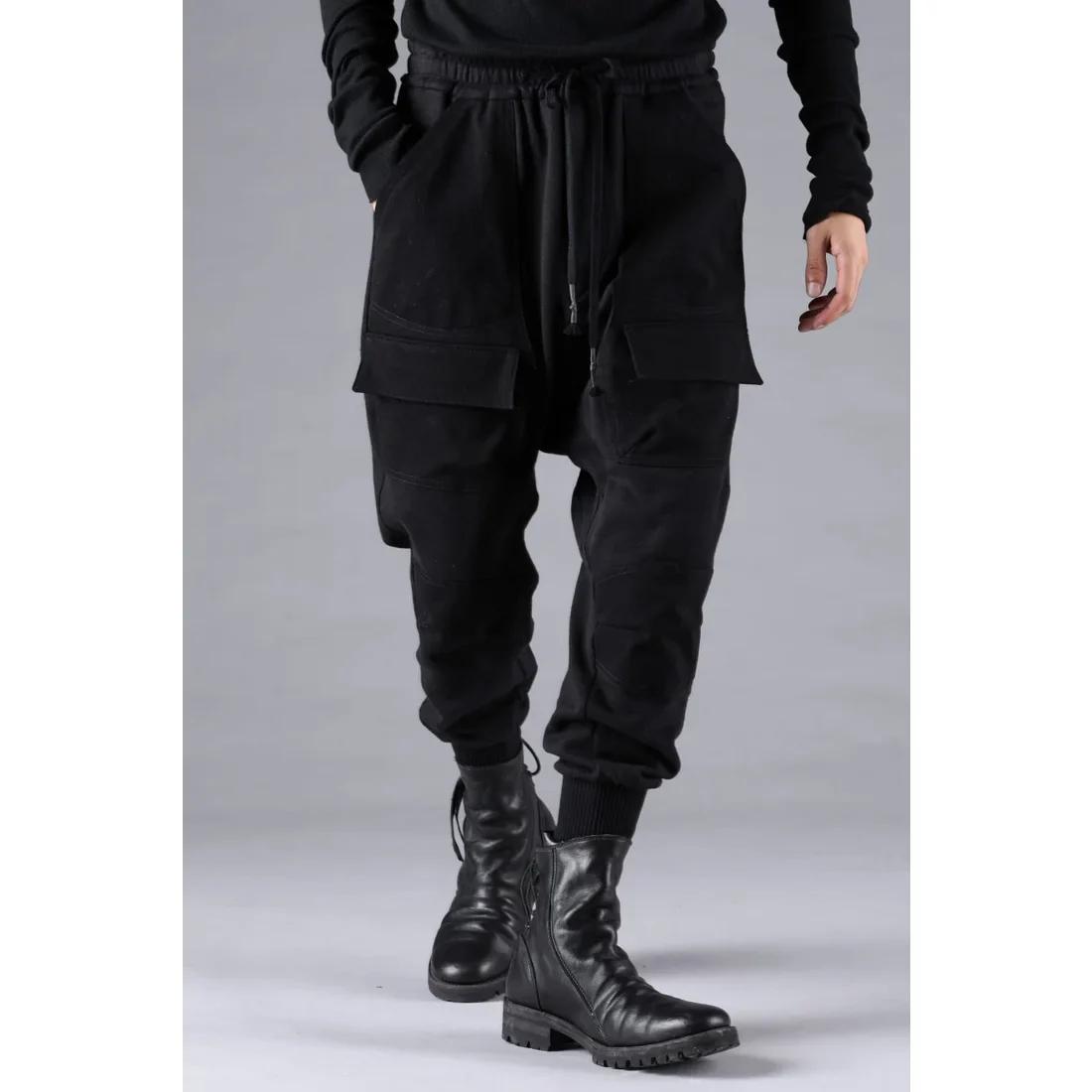 Black Untwisted Yarn Fleece Combination Wide Jogger Pants - Image 11