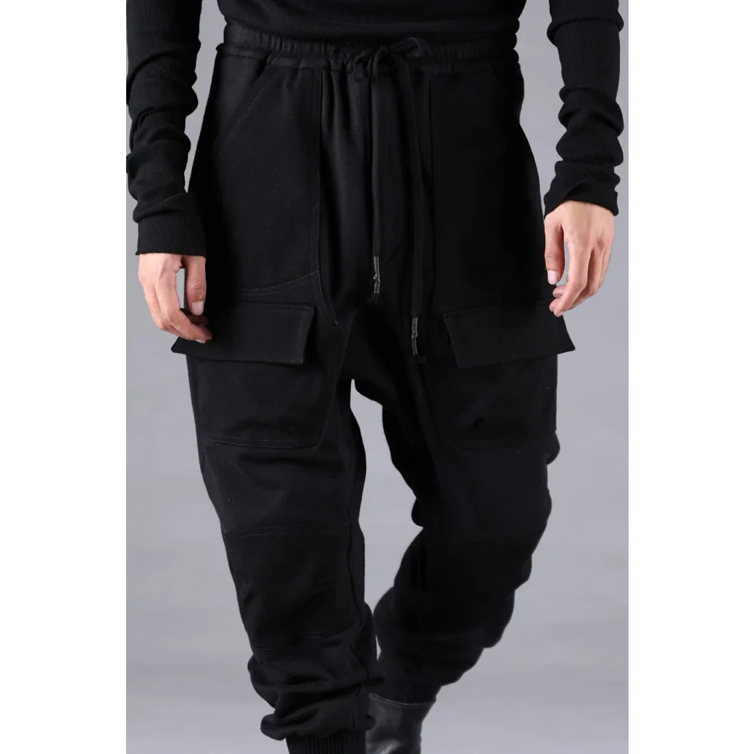 Black Untwisted Yarn Fleece Combination Wide Jogger Pants - Image 13
