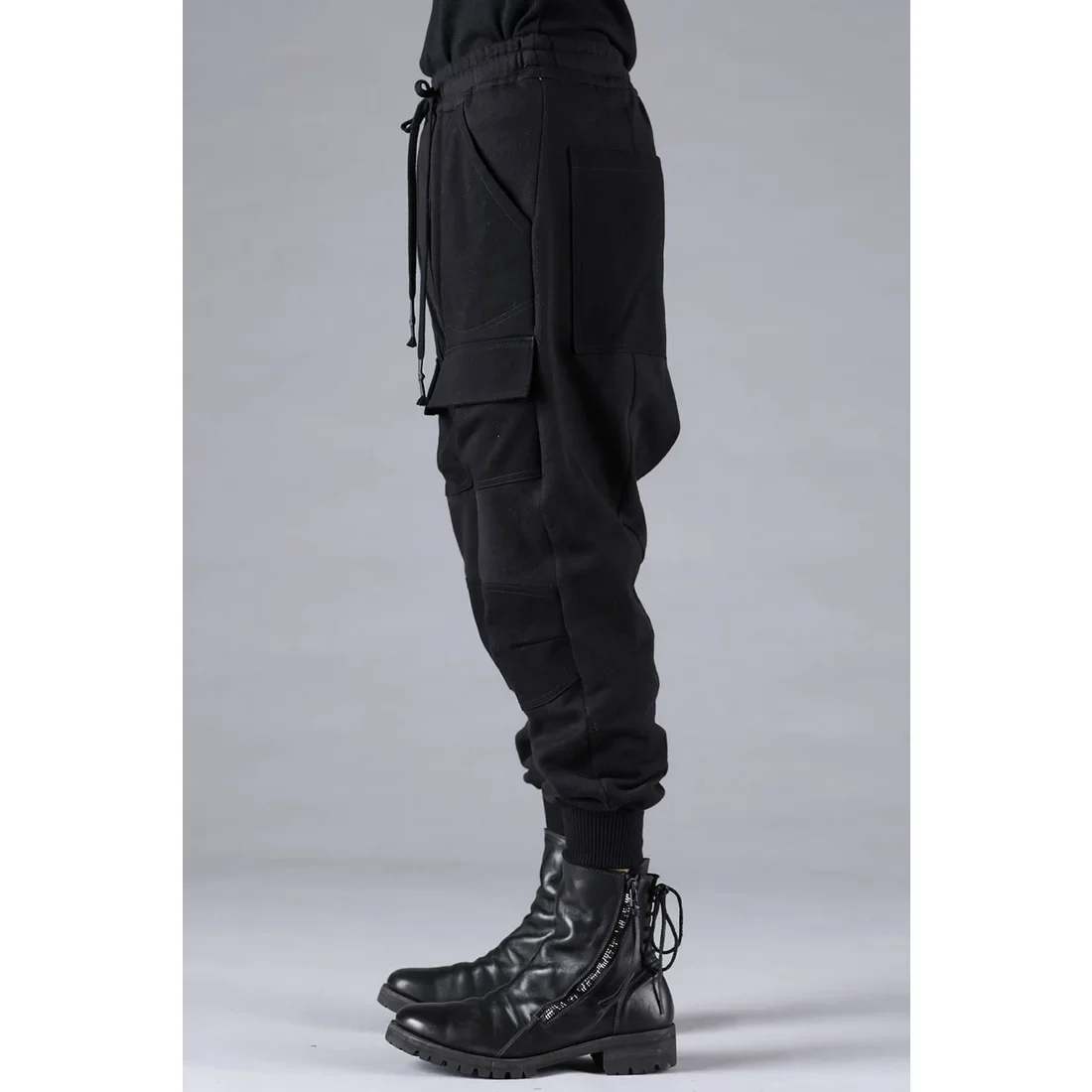 Black Untwisted Yarn Fleece Combination Wide Jogger Pants - Image 3