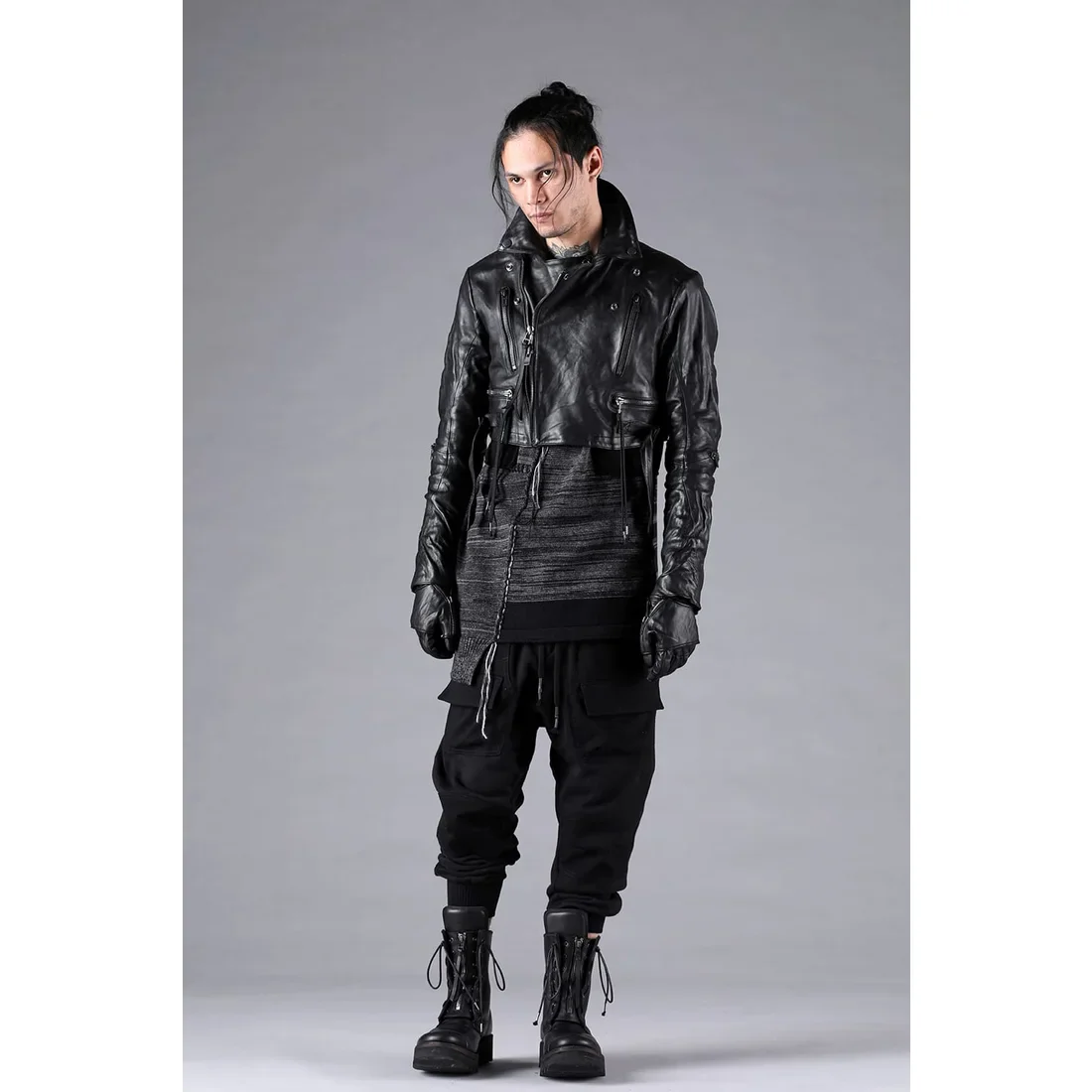 Black Untwisted Yarn Fleece Combination Wide Jogger Pants - Image 6