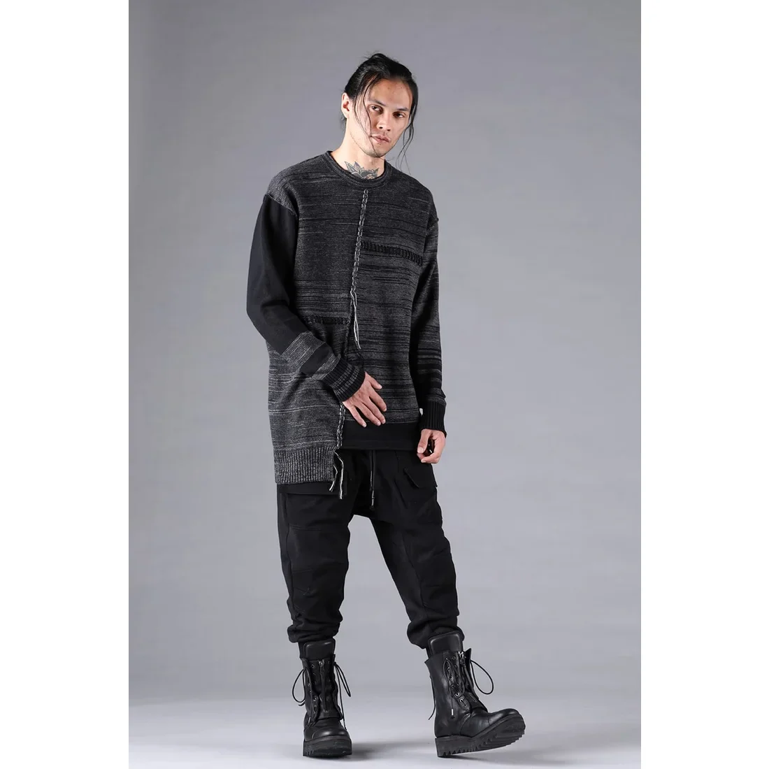 Black Untwisted Yarn Fleece Combination Wide Jogger Pants - Image 8