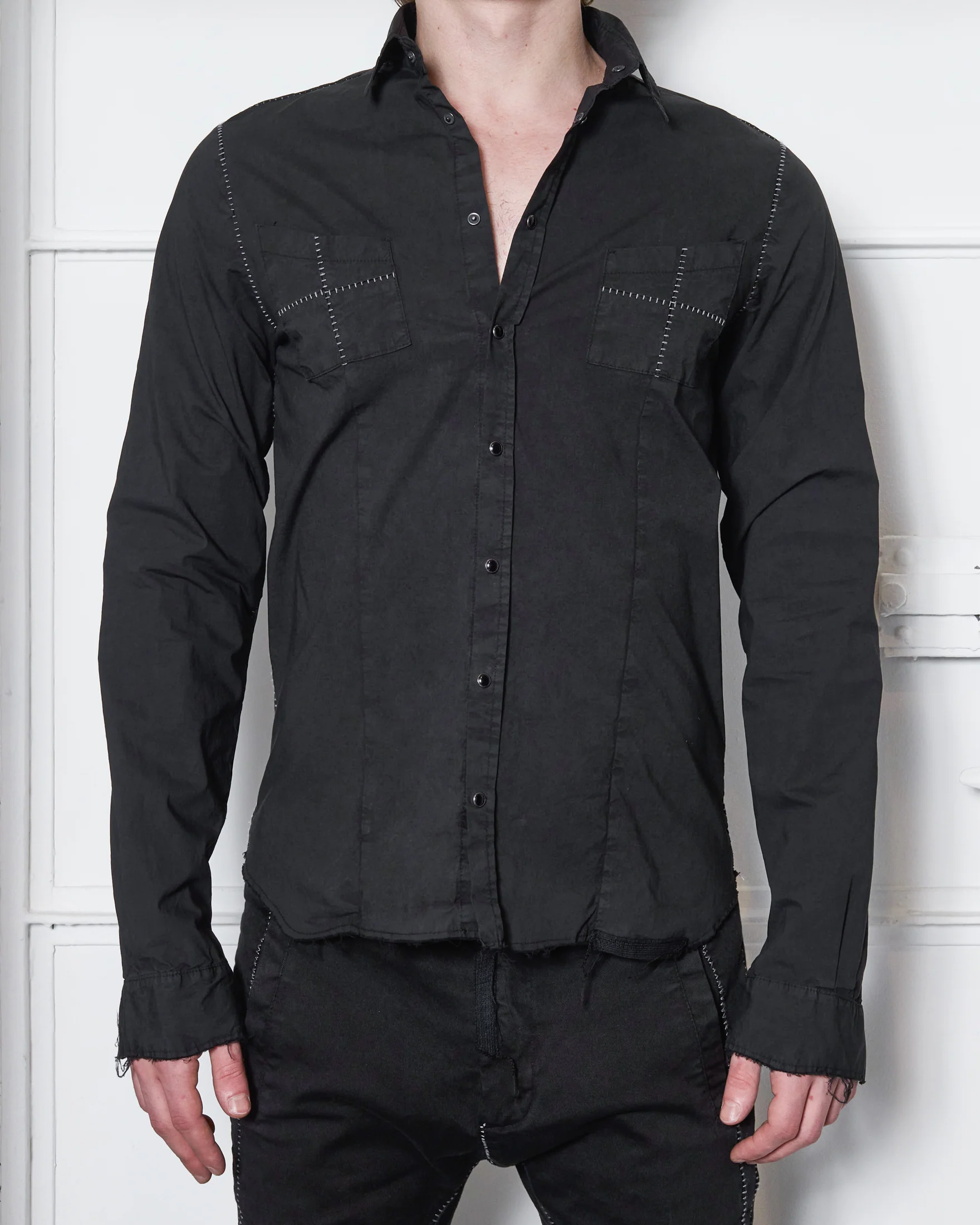 Black Wash Scarstitch Cotton Snap Button Shirt - Image 2