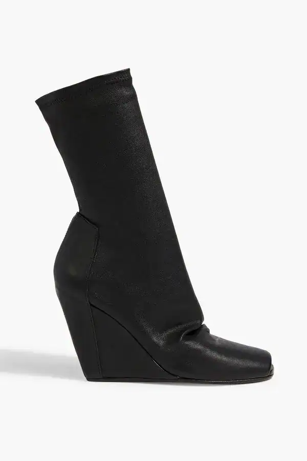 Black Wedge Heel Sock Boot with Open Toe by Rick Owens