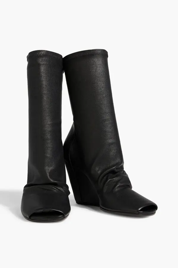 Black Wedge Heel Sock Boot with Open Toe by Rick Owens - Image 2