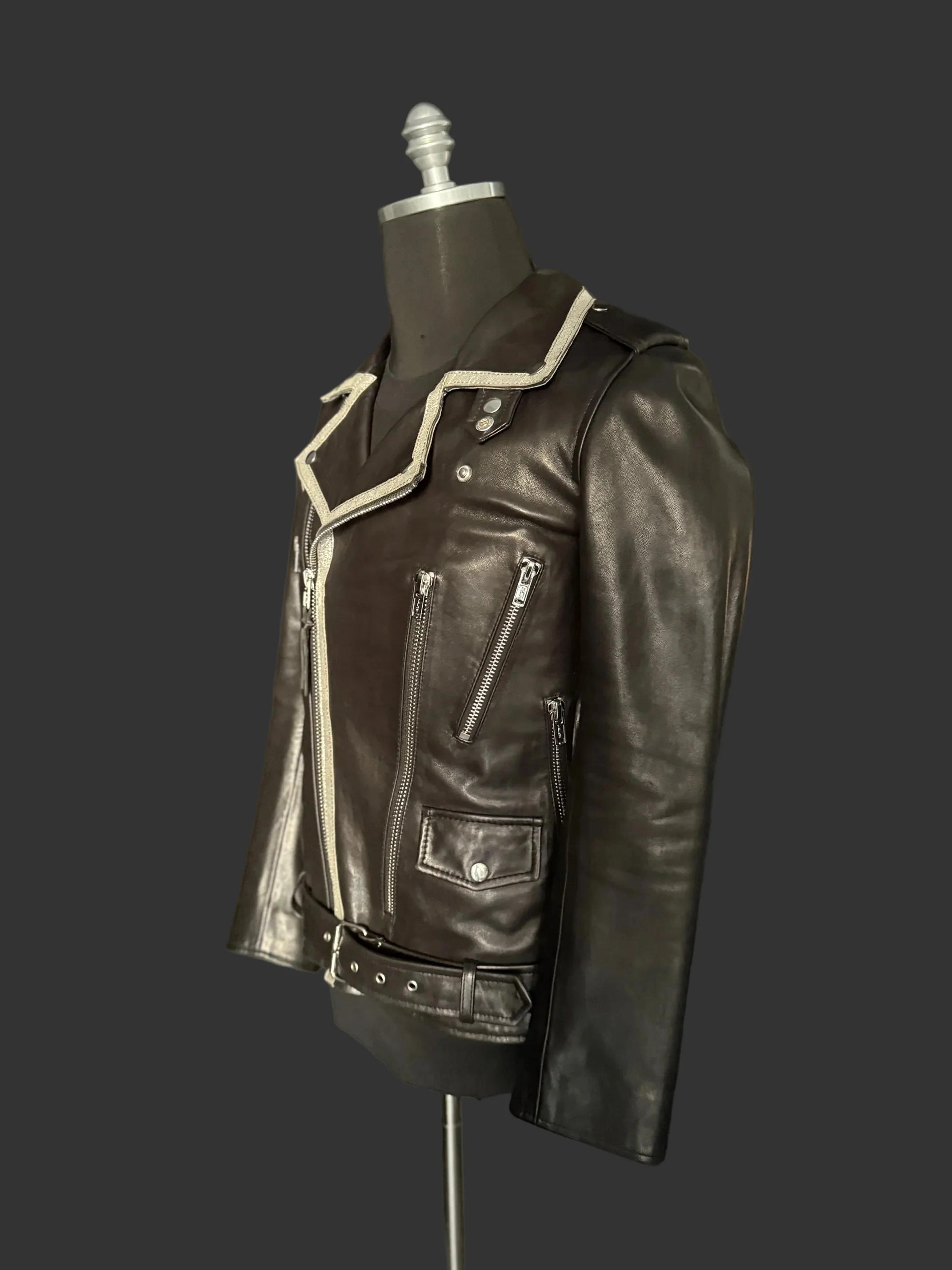 Black with Silver Trim Collar Multi Zipper Perfecto Leather Jacket by Christian Benner - Image 2