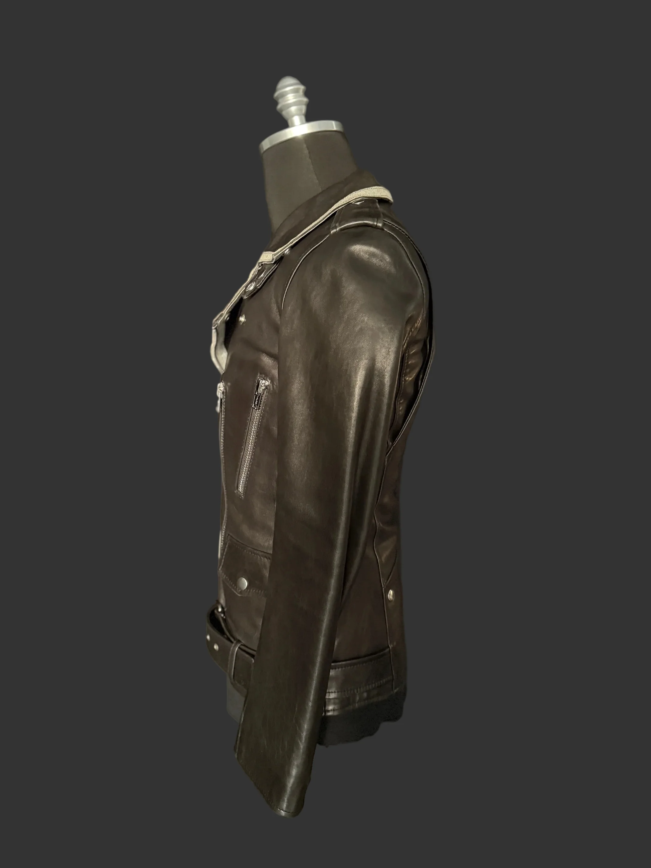 Black with Silver Trim Collar Multi Zipper Perfecto Leather Jacket by Christian Benner - Image 3