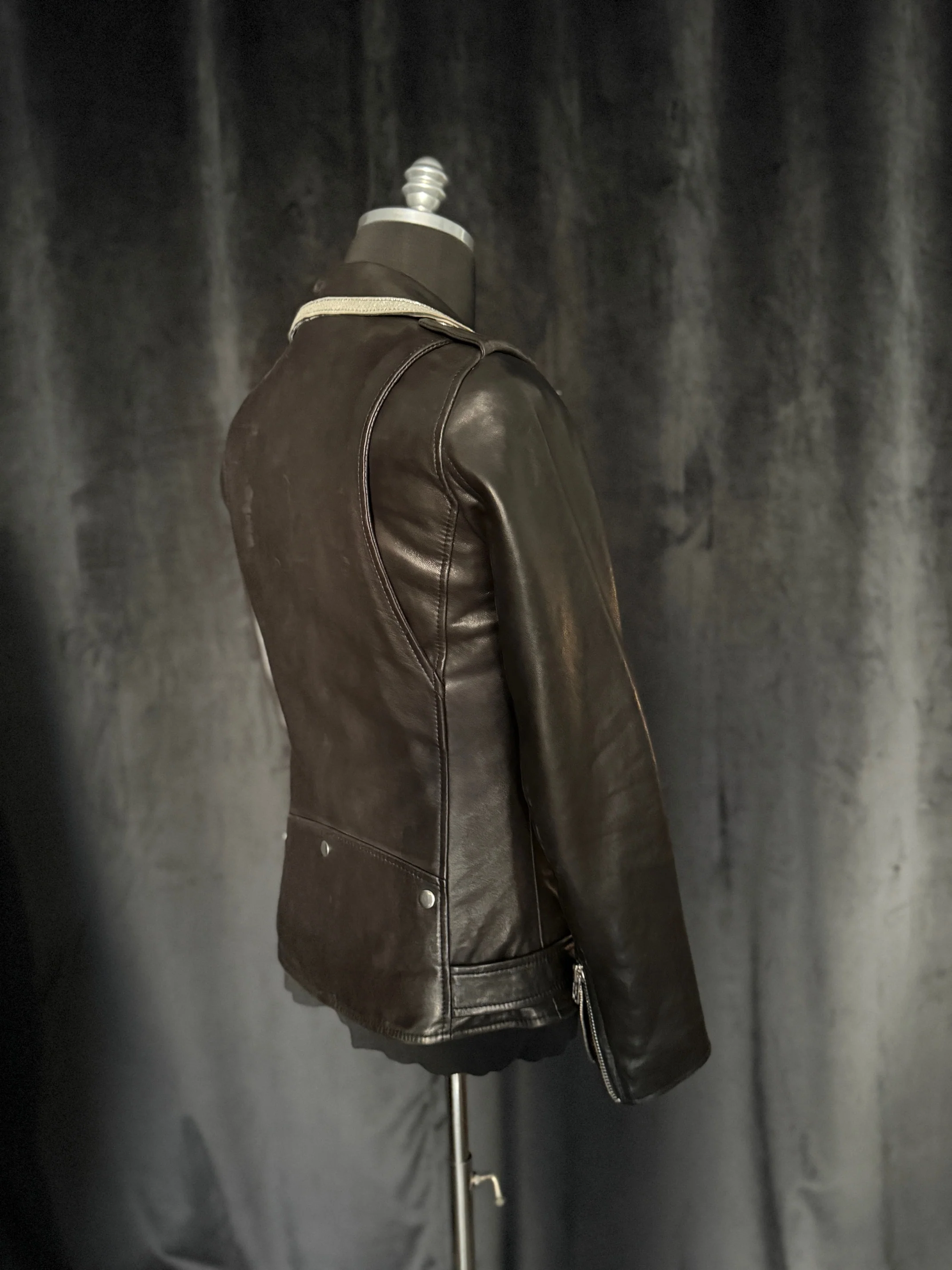 Black with Silver Trim Collar Multi Zipper Perfecto Leather Jacket by Christian Benner - Image 4
