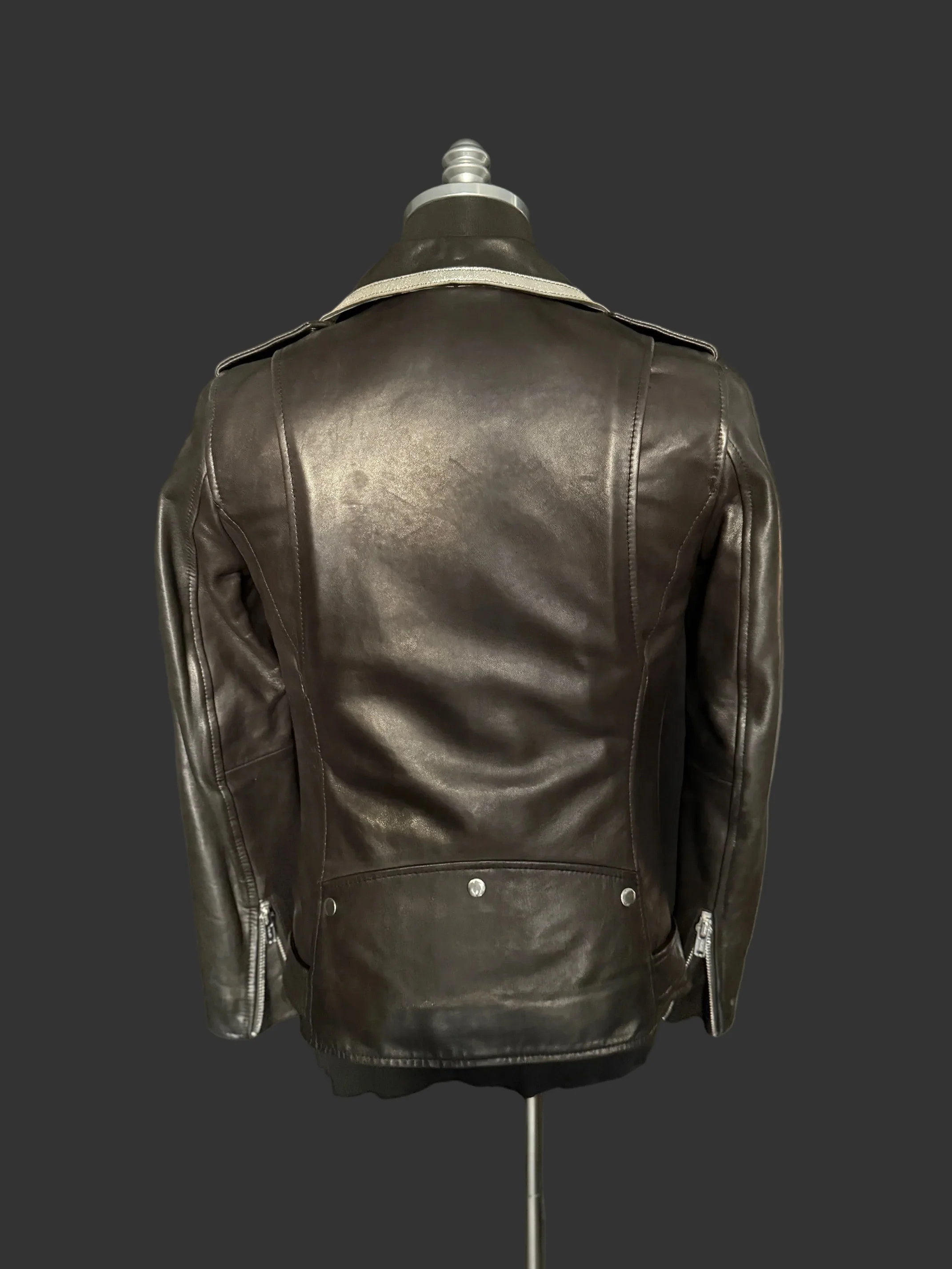 Black with Silver Trim Collar Multi Zipper Perfecto Leather Jacket by Christian Benner - Image 5