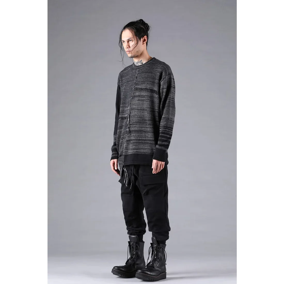 Charcoal Cotton Cashmere Unbalanced Border Knit Pullover - Image 10
