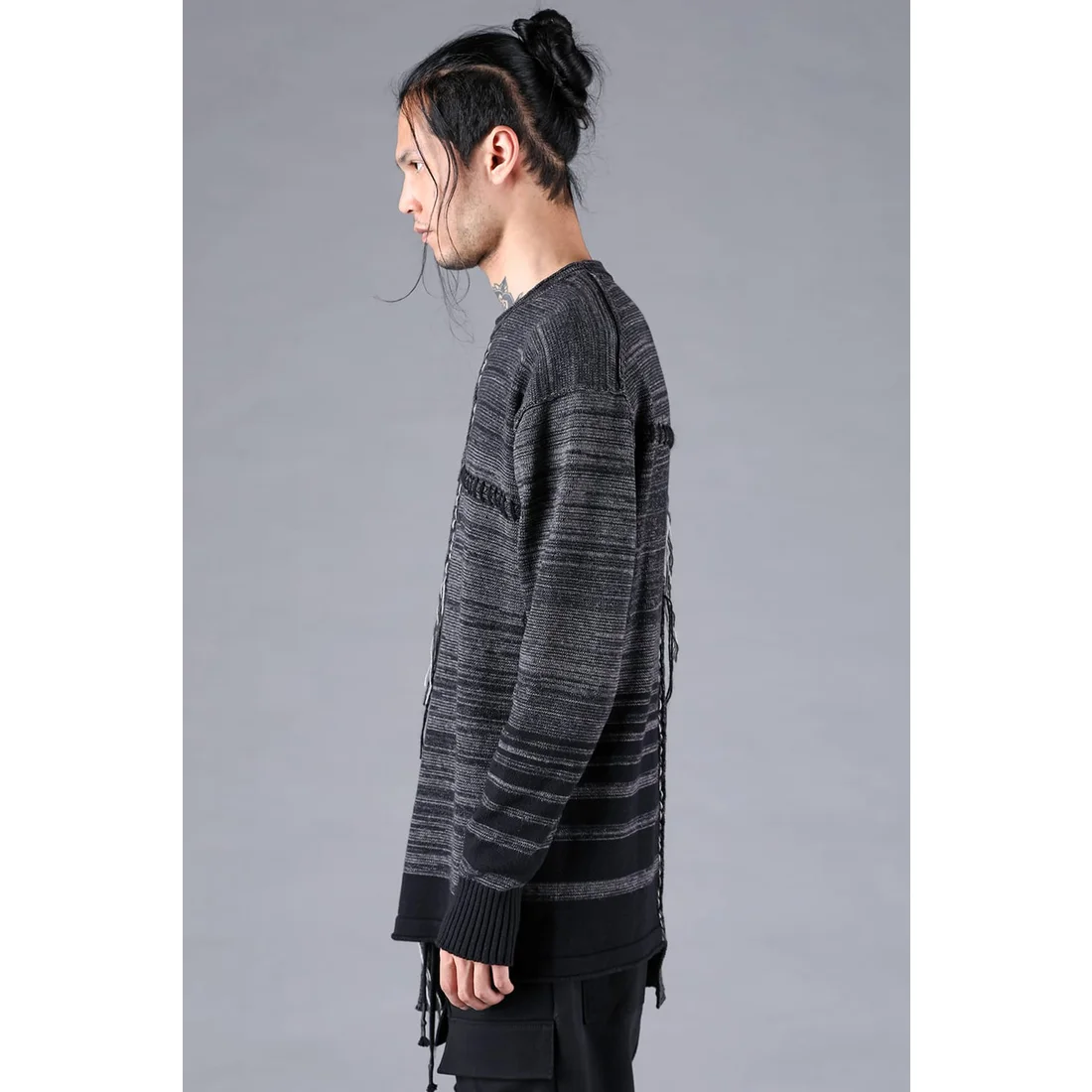 Charcoal Cotton Cashmere Unbalanced Border Knit Pullover - Image 3