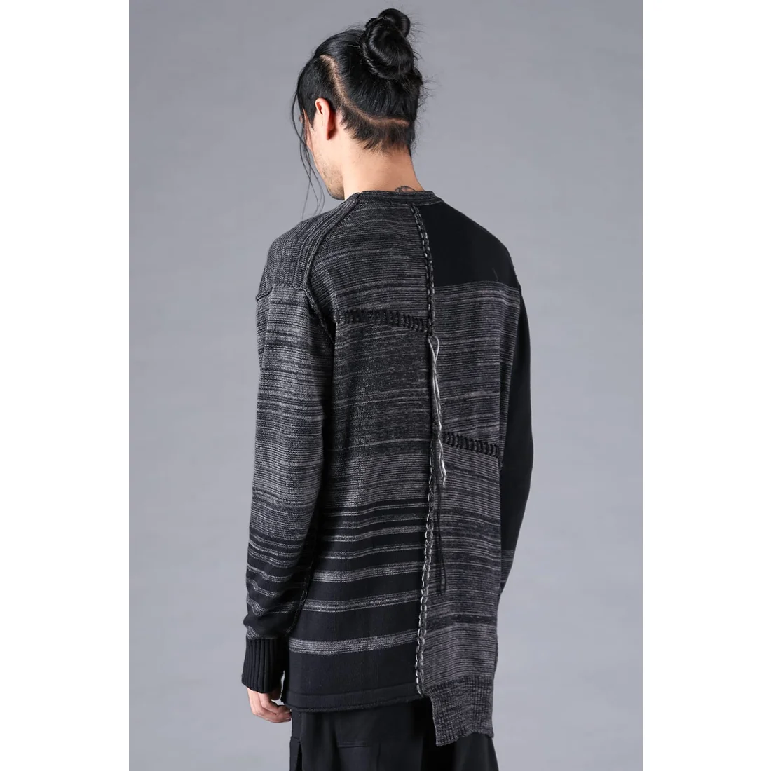 Charcoal Cotton Cashmere Unbalanced Border Knit Pullover - Image 4