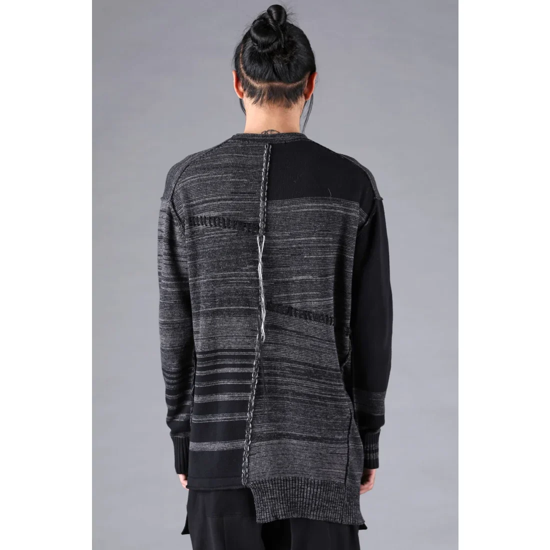 Charcoal Cotton Cashmere Unbalanced Border Knit Pullover - Image 5