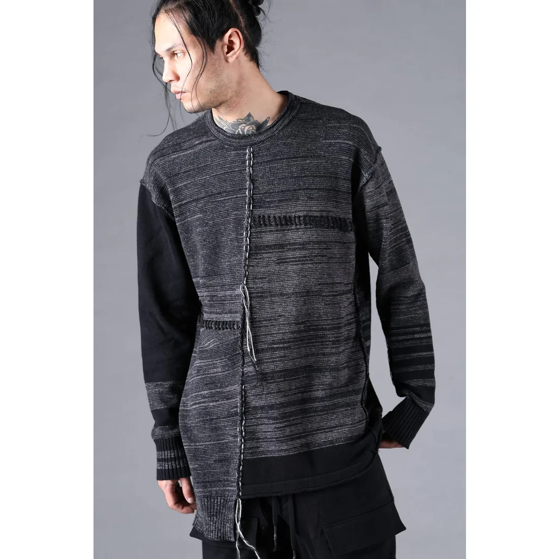 Charcoal Cotton Cashmere Unbalanced Border Knit Pullover - Image 6
