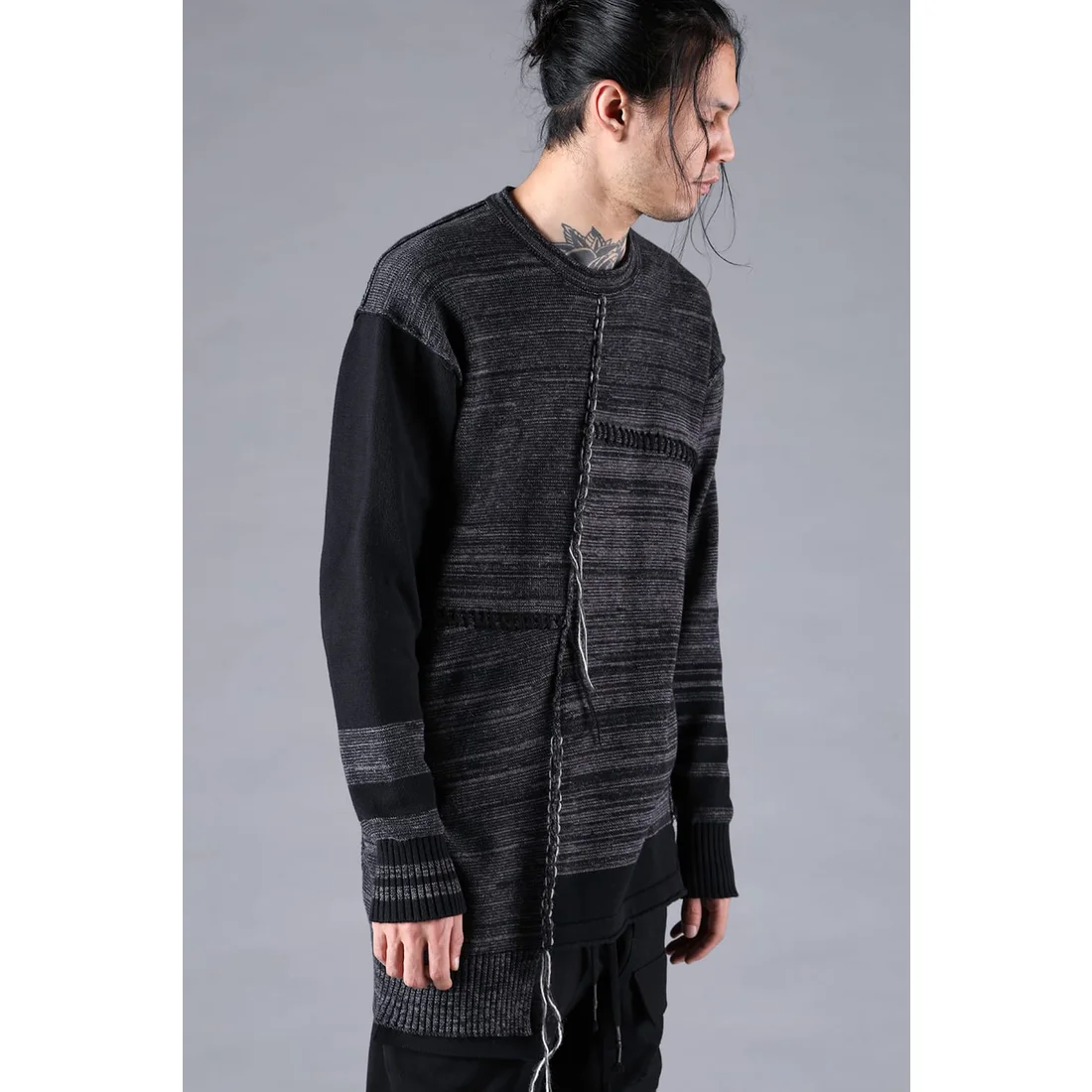Charcoal Cotton Cashmere Unbalanced Border Knit Pullover - Image 7