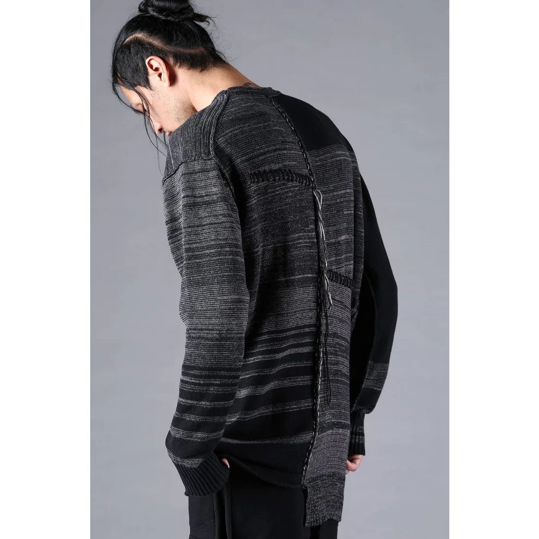 Charcoal Cotton Cashmere Unbalanced Border Knit Pullover - Image 8