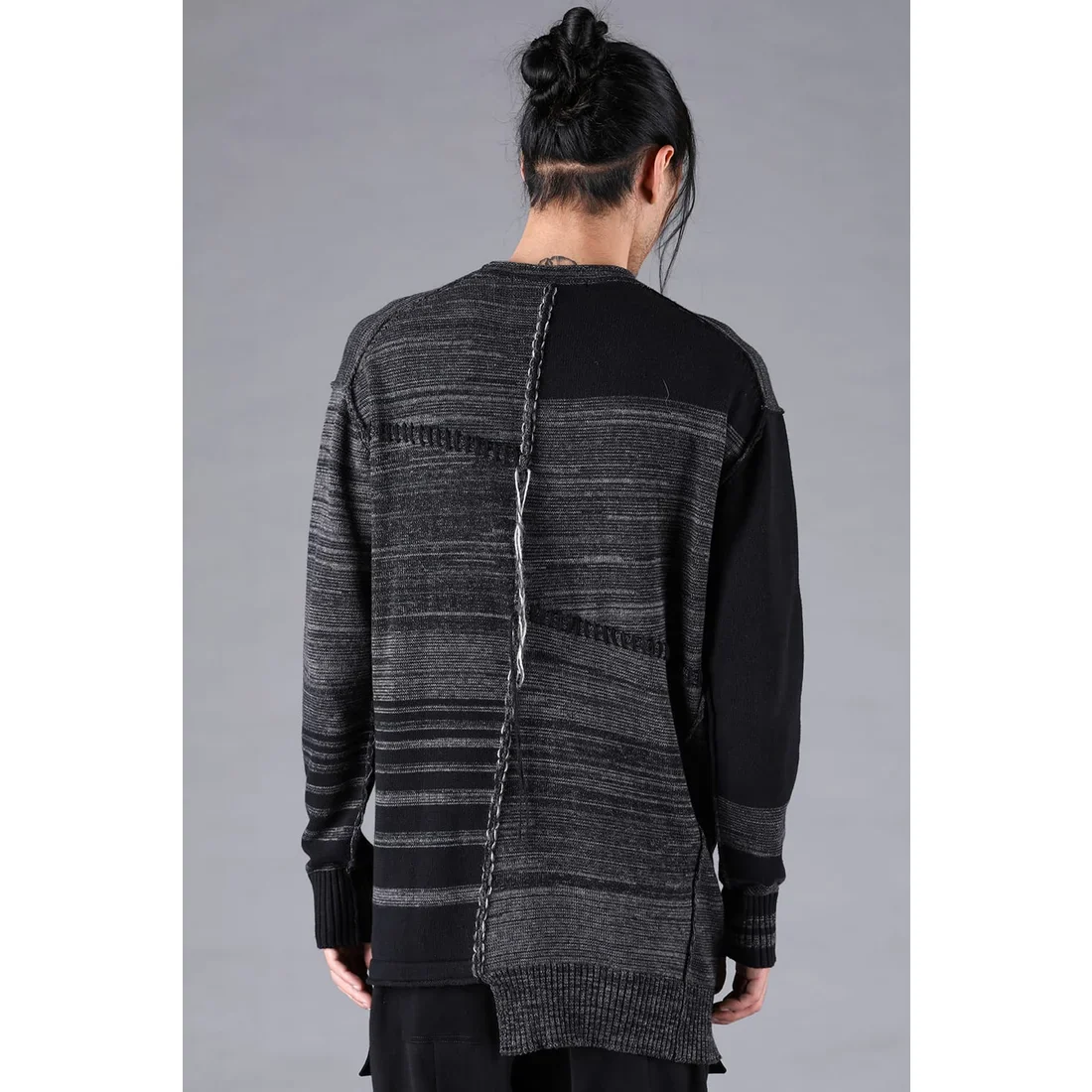 Charcoal Cotton Cashmere Unbalanced Border Knit Pullover - Image 9