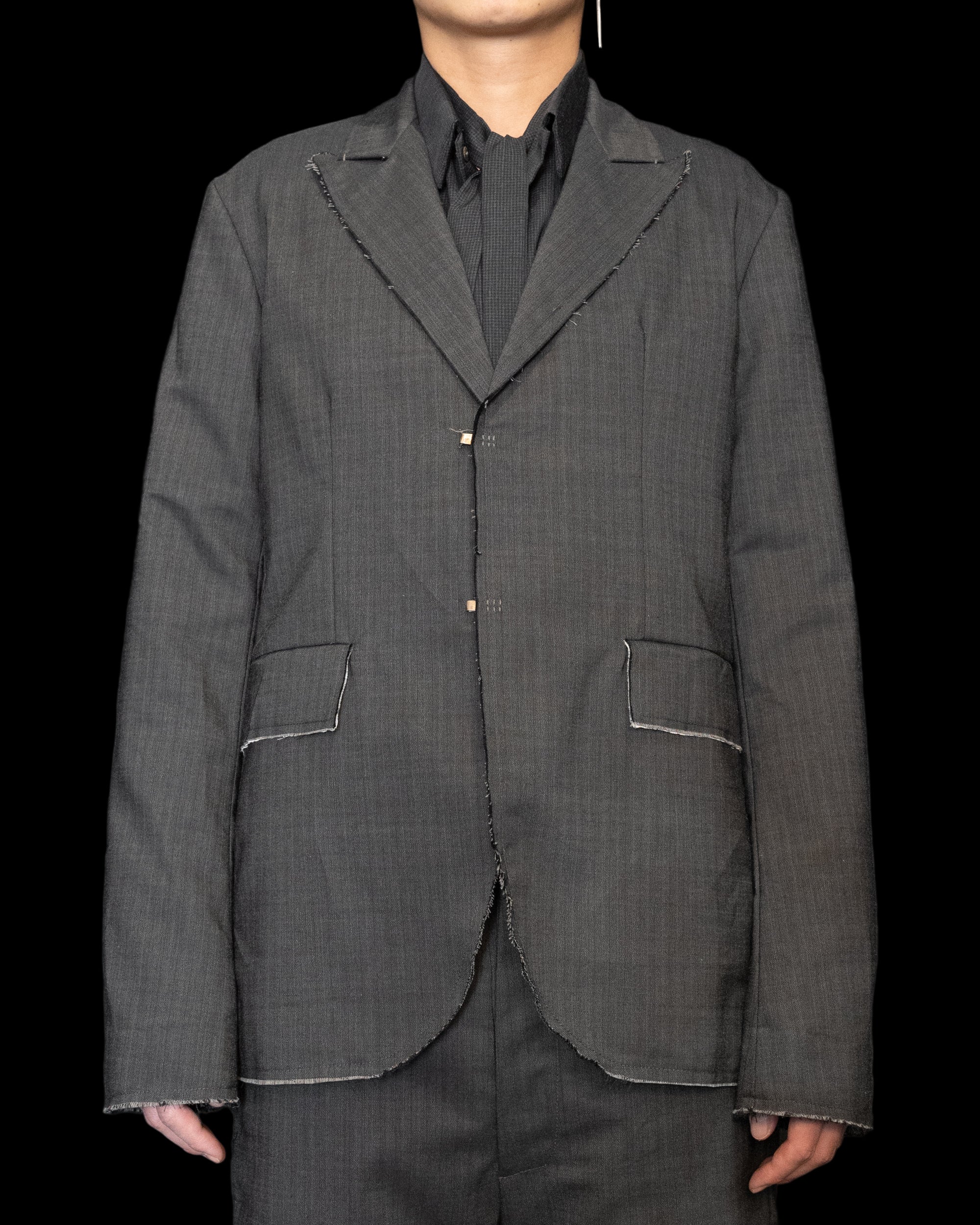 Dark Grey Silver Closure Raw Edge Peaked Lapel Blazer - Image 3