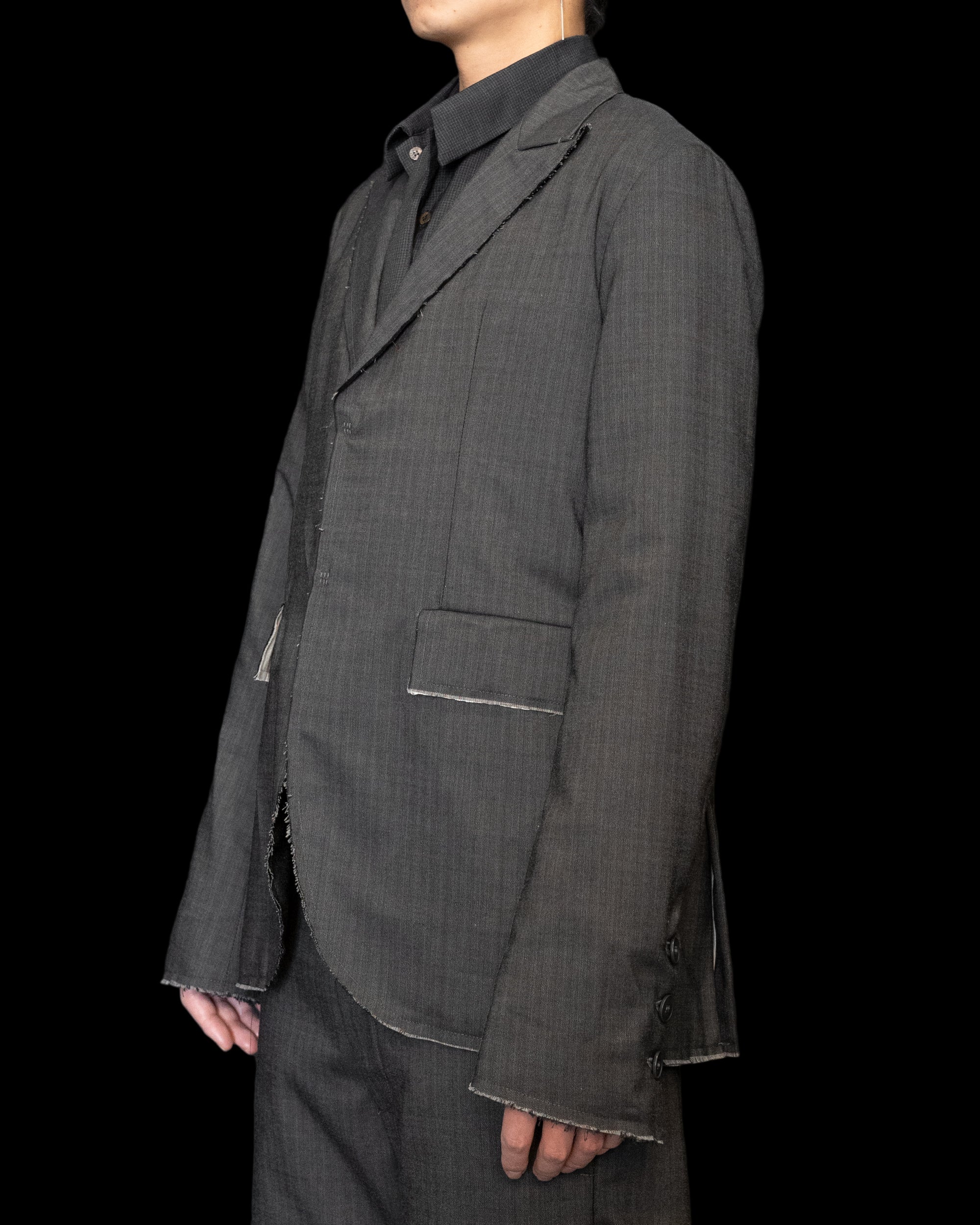 Dark Grey Silver Closure Raw Edge Peaked Lapel Blazer - Image 4
