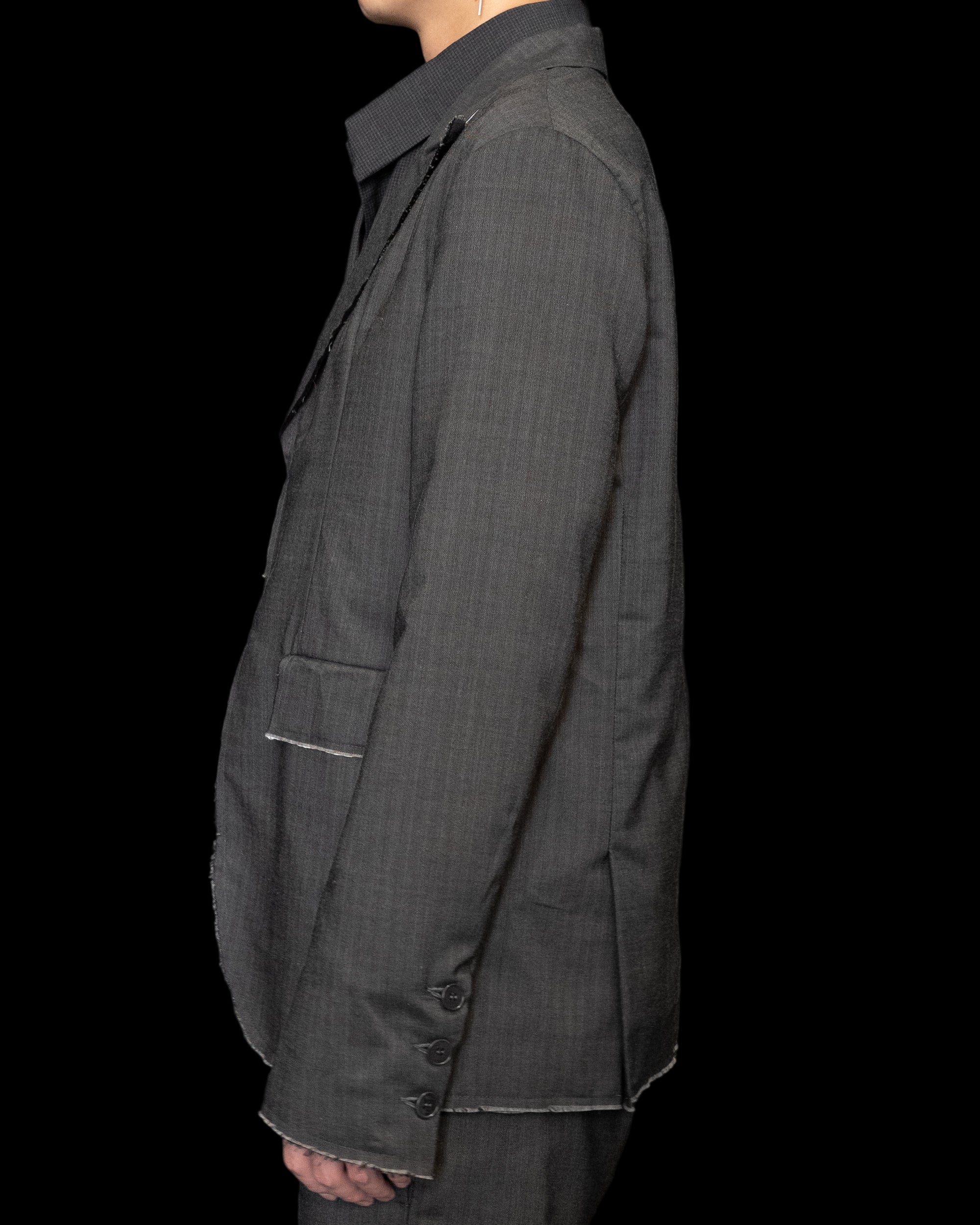 Dark Grey Silver Closure Raw Edge Peaked Lapel Blazer - Image 5