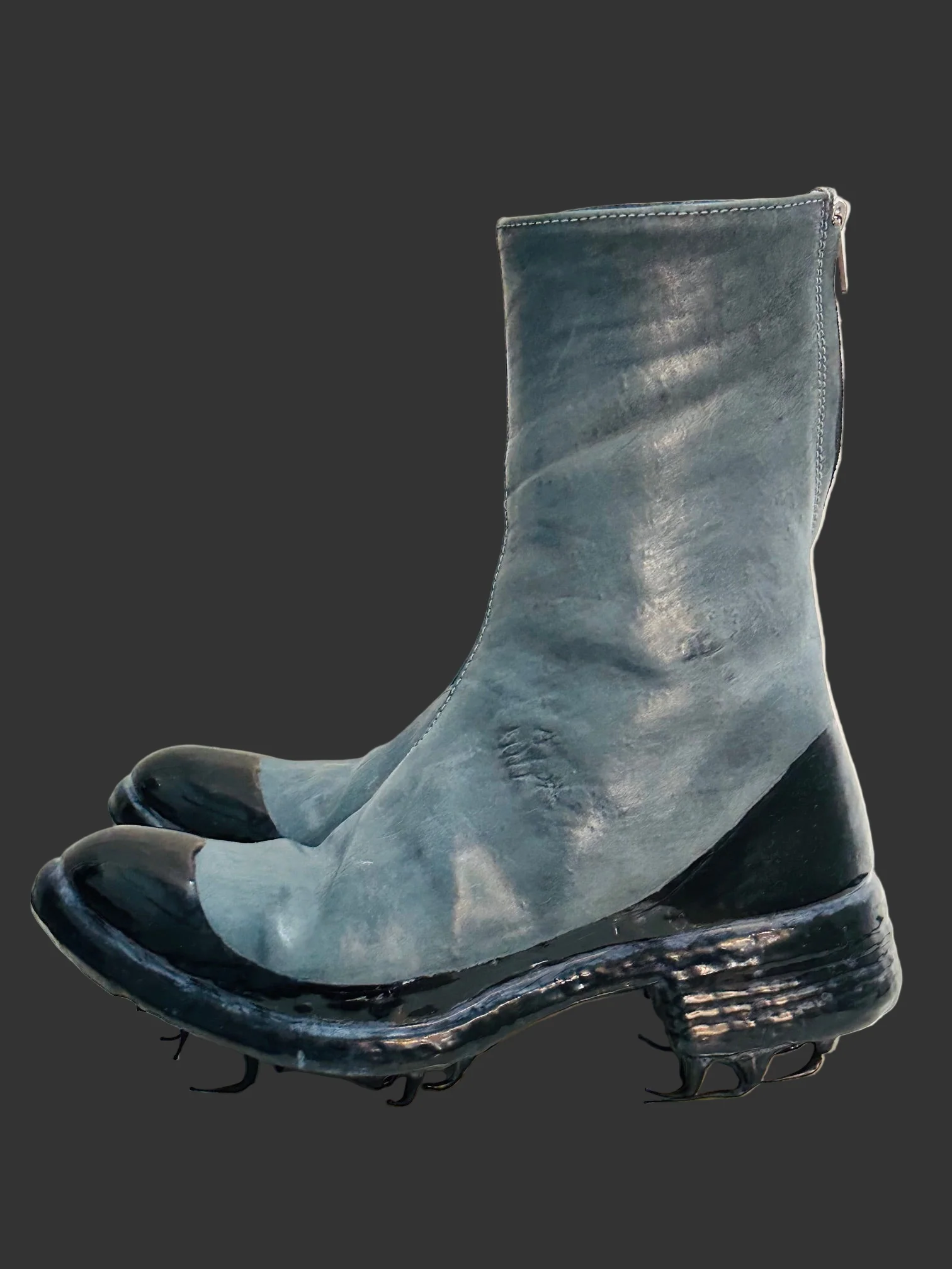 Blue Grey Object Dyed Lined Diagonal Zip Black Rubber Drip Goodyear Boots by Carol Christian Poell - Image 3