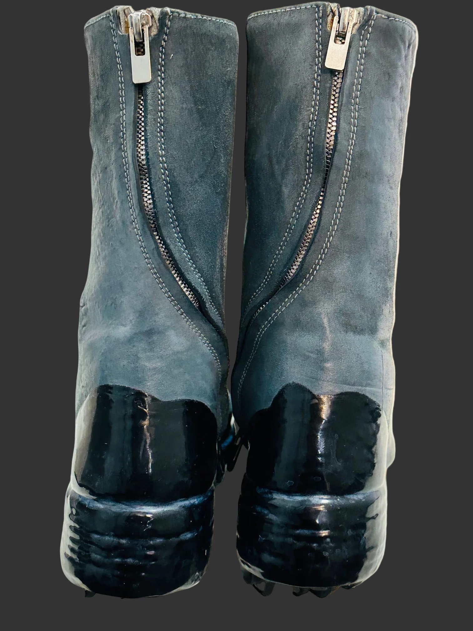 Blue Grey Object Dyed Lined Diagonal Zip Black Rubber Drip Goodyear Boots by Carol Christian Poell - Image 4