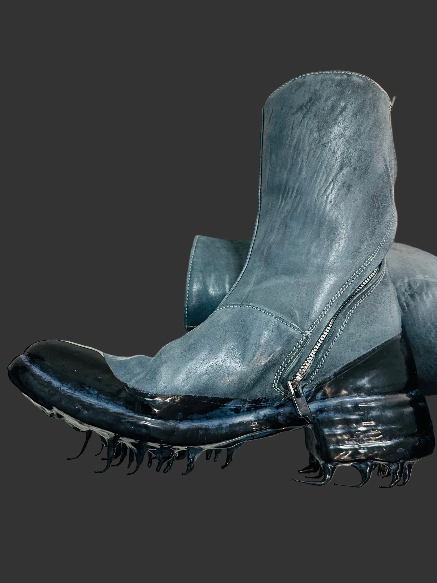 Blue Grey Object Dyed Lined Diagonal Zip Black Rubber Drip Goodyear Boots by Carol Christian Poell - Image 5