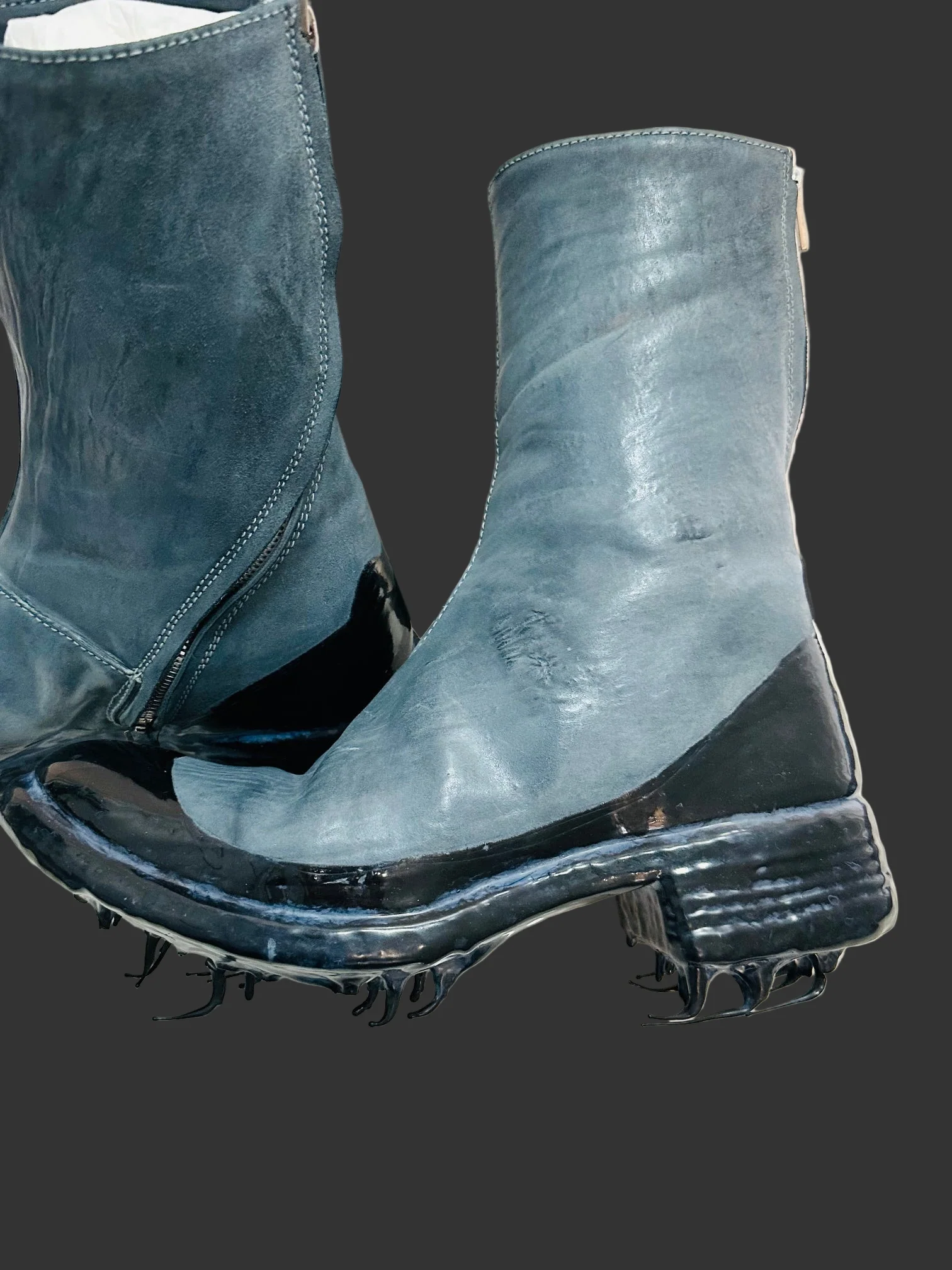 Blue Grey Object Dyed Lined Diagonal Zip Black Rubber Drip Goodyear Boots by Carol Christian Poell - Image 6