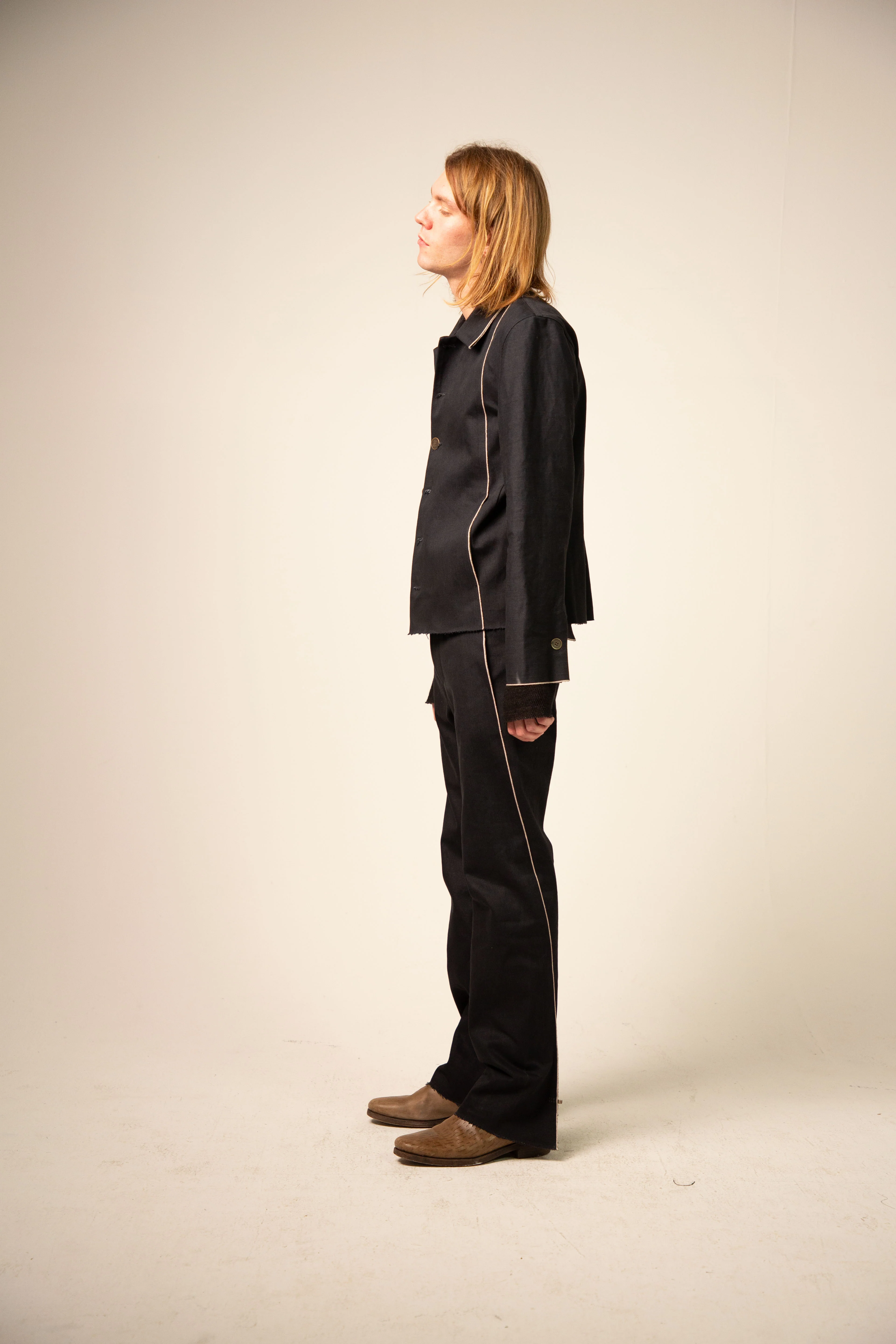 Off Black Cotton Selvedge 5-Button Collared Jacket - Image 4