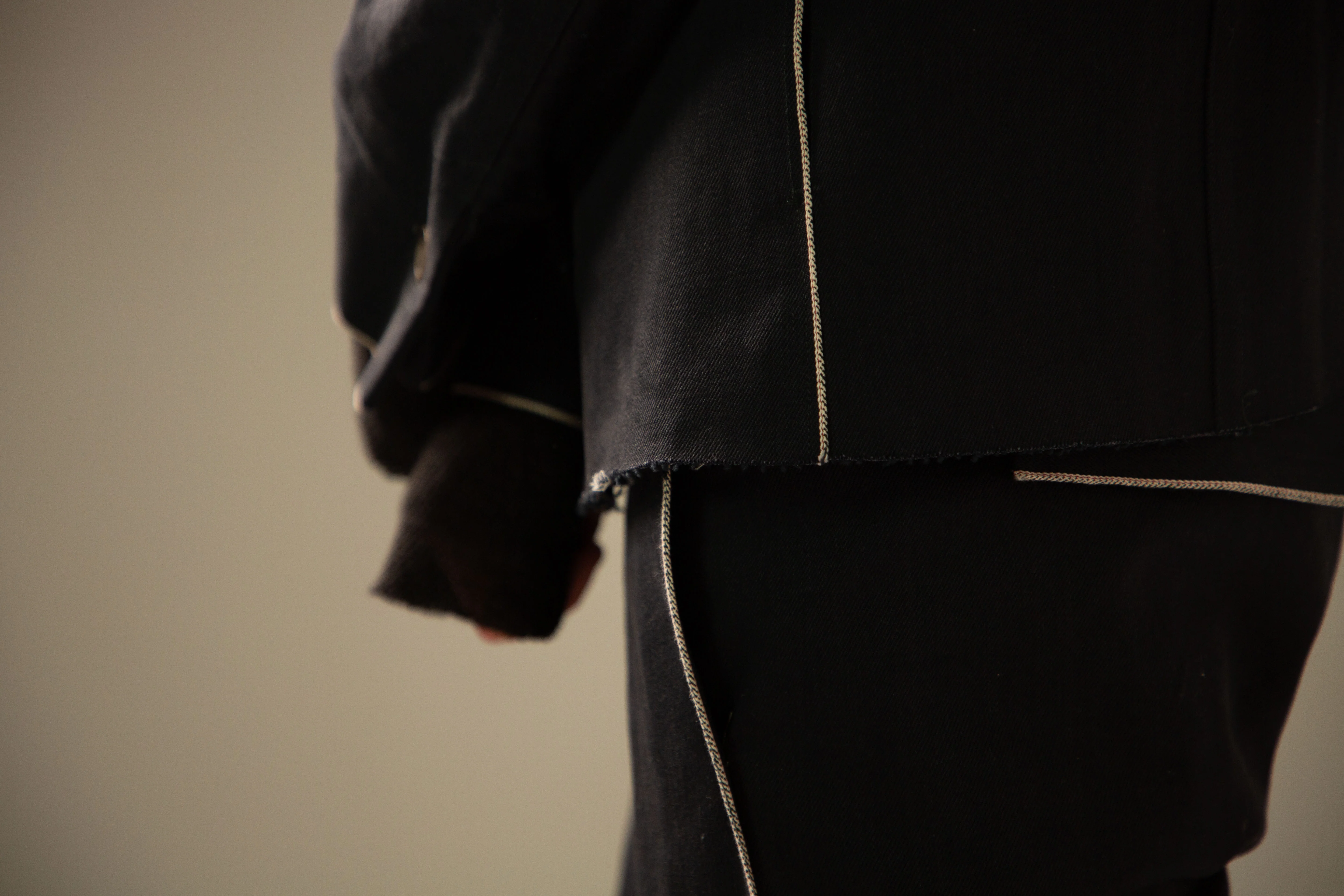 Off Black Cotton Selvedge 5-Button Collared Jacket - Image 9