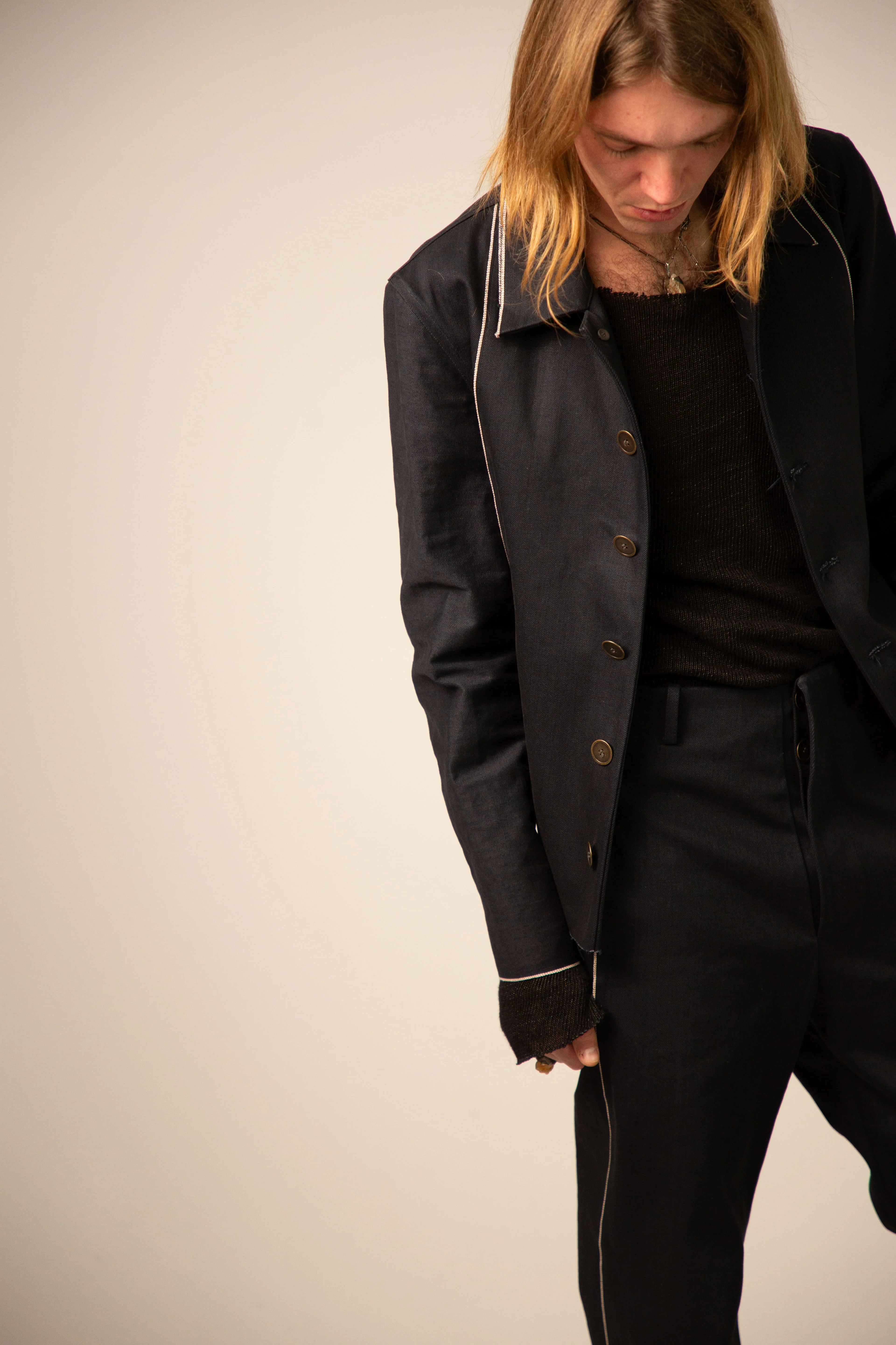 Off Black Cotton Selvedge Line Trousers - Image 7