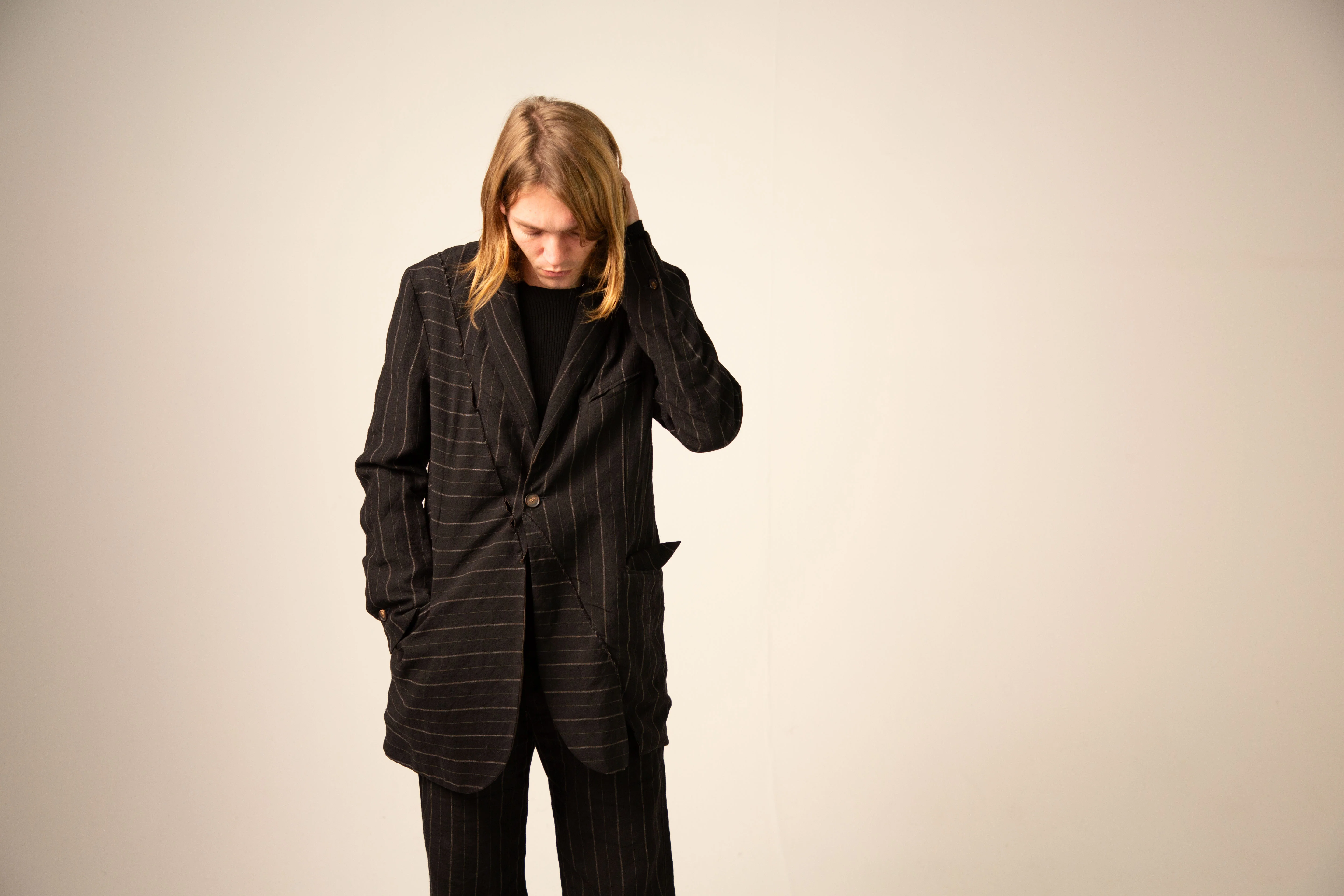 Off Black Stripe and Dark Brown Reversible Overlock Stitched Long Jacket - Image 3