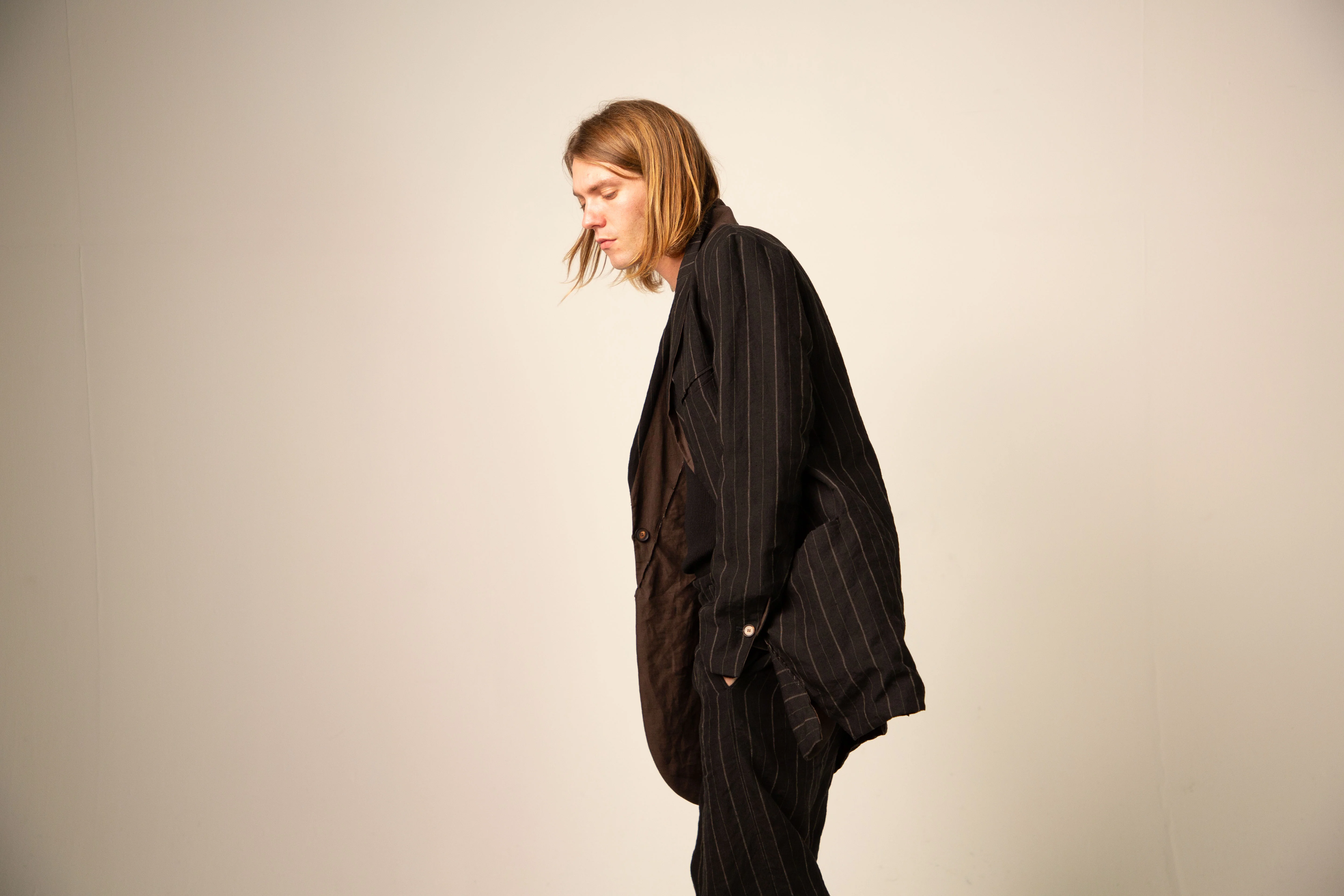 Off Black Stripe and Dark Brown Reversible Overlock Stitched Long Jacket - Image 4
