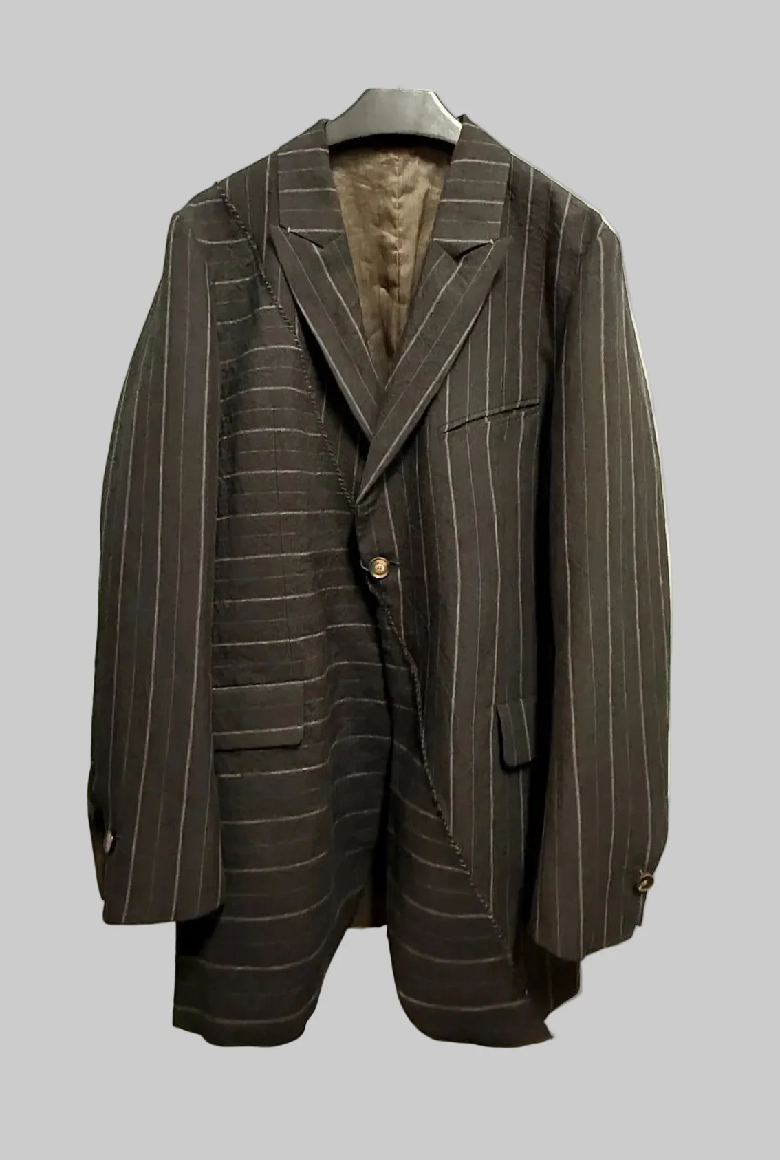 Off Black Stripe and Dark Brown Reversible Overlock Stitched Long Jacket - Image 6