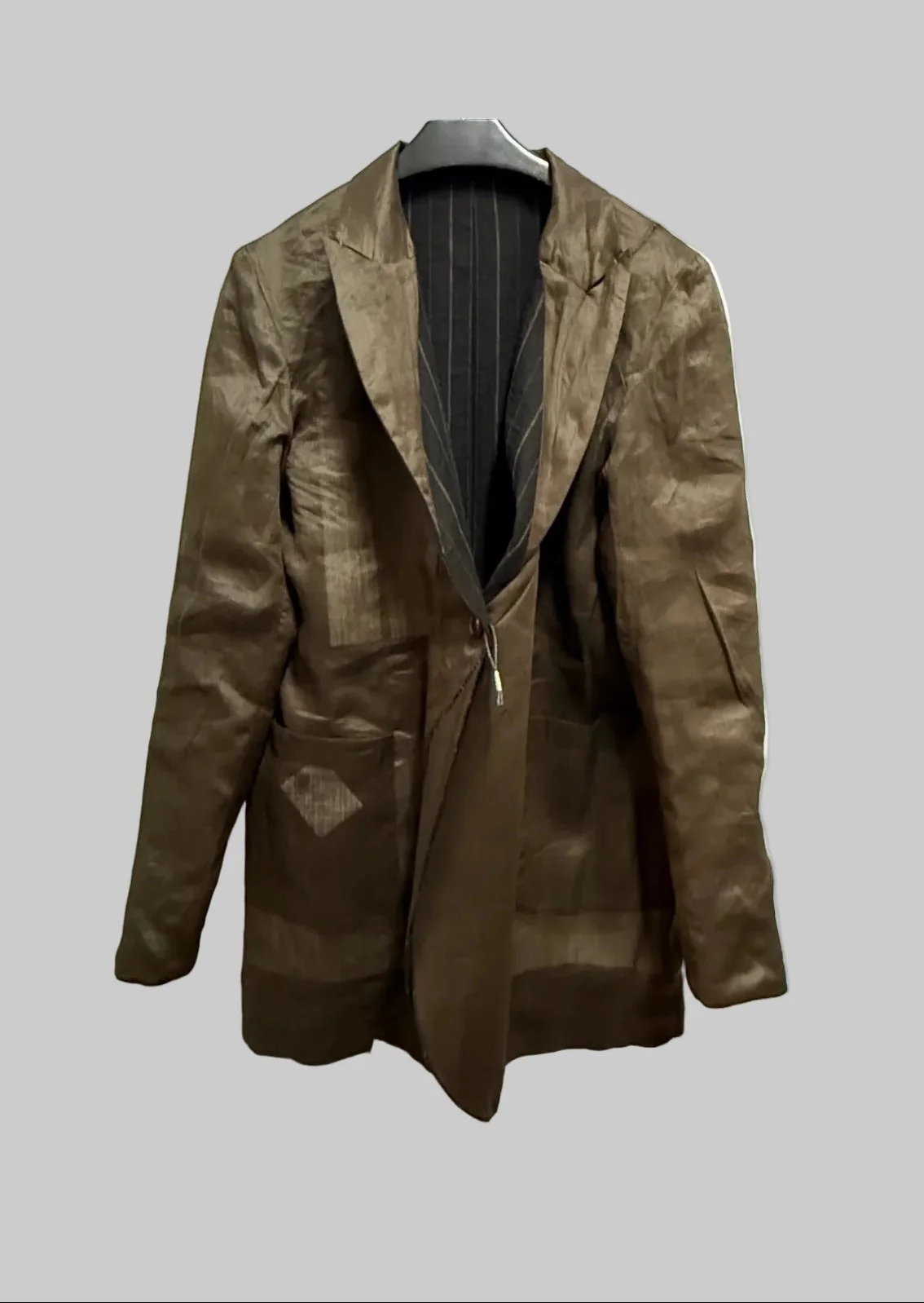 Off Black Stripe and Dark Brown Reversible Overlock Stitched Long Jacket - Image 8