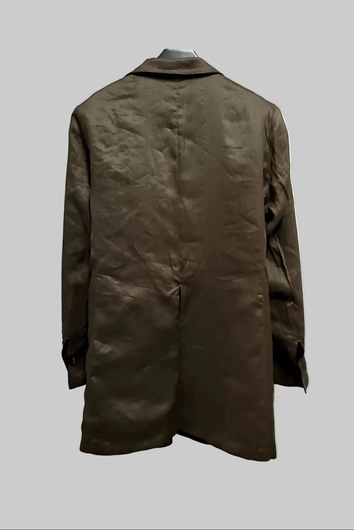 Off Black Stripe and Dark Brown Reversible Overlock Stitched Long Jacket - Image 9