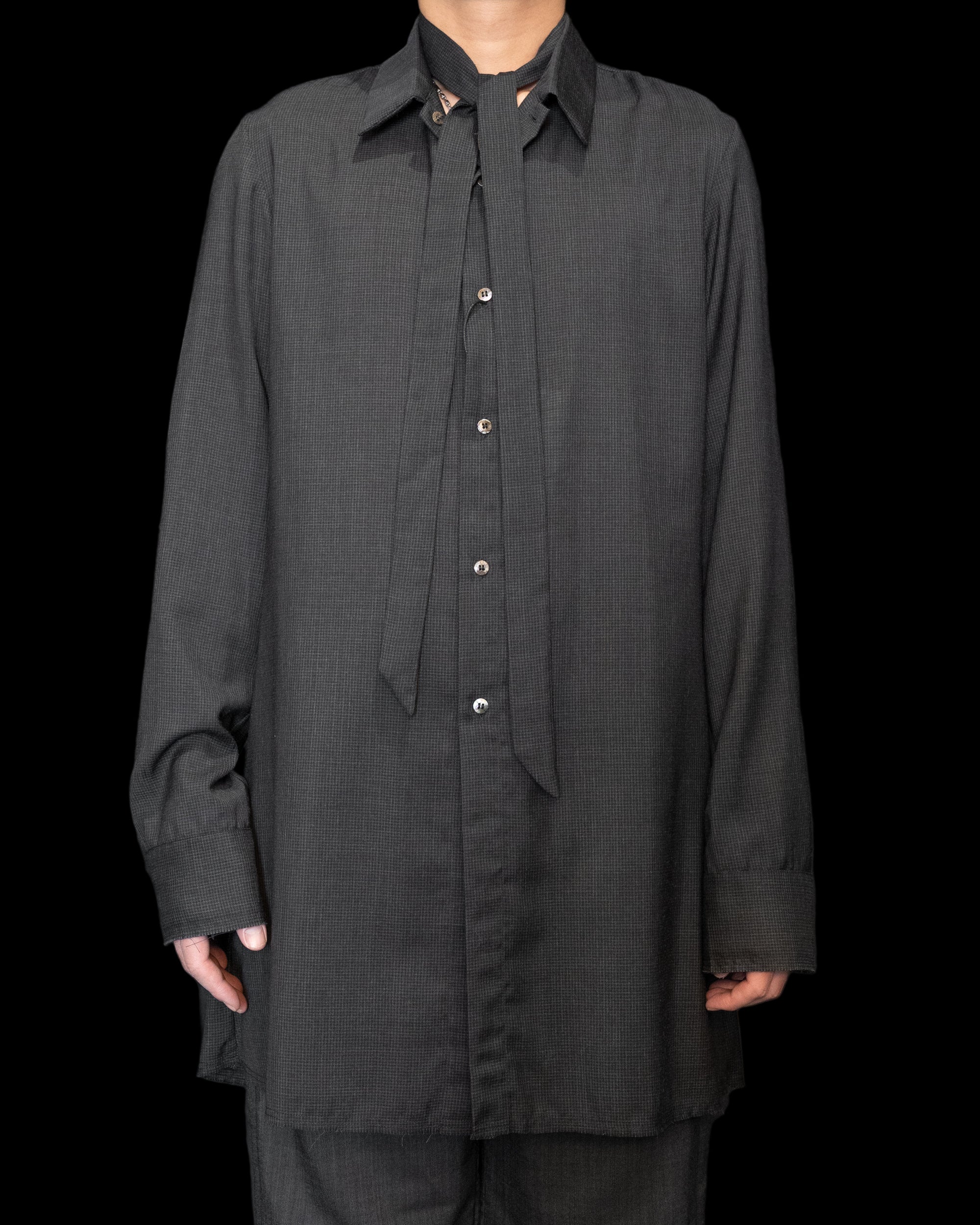 Off Black Tiny Check Long Shirt with Neck Scarf - Image 3