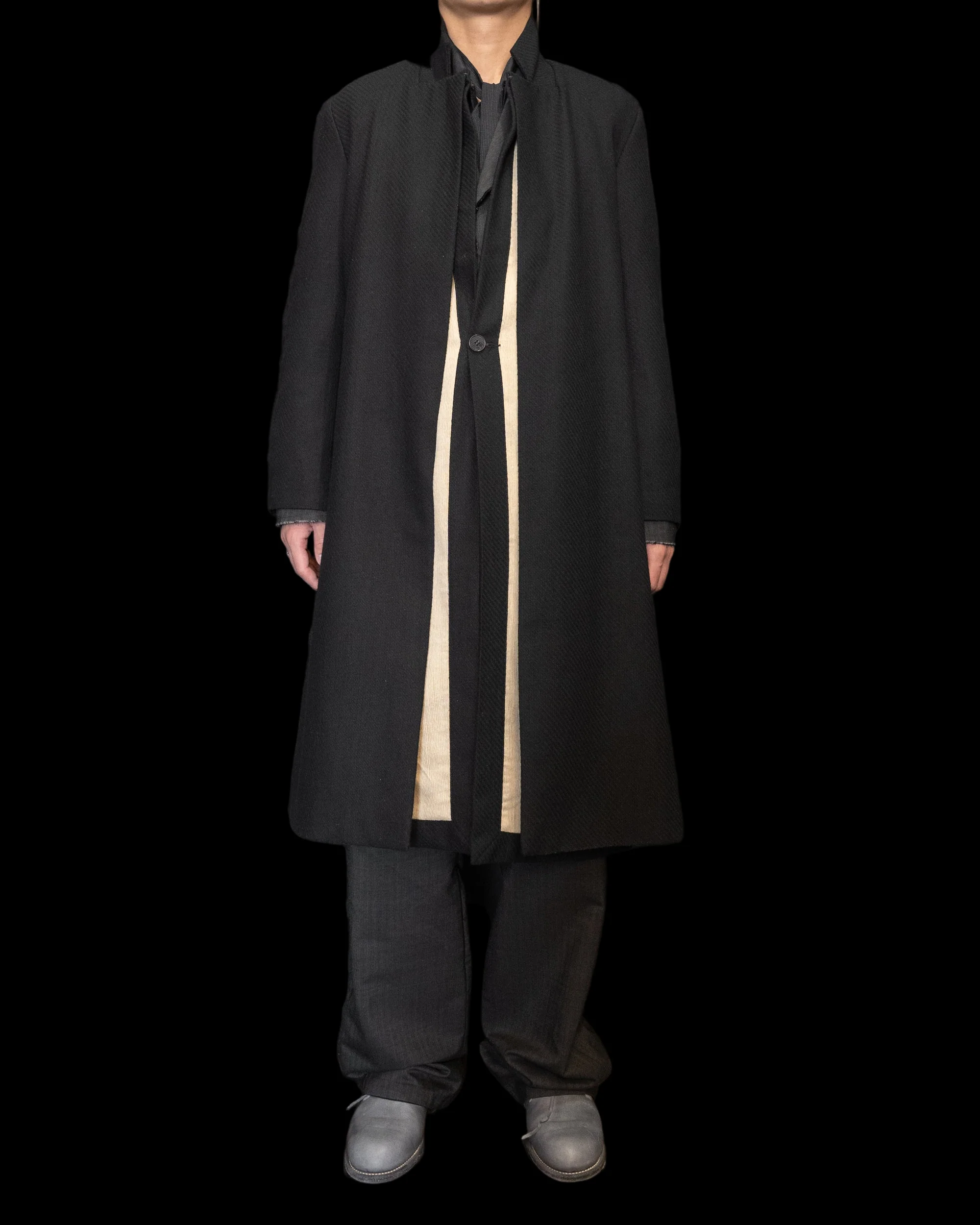 Off Black Unisex Relaxed Fit Adjustable Front Double Panel Coat - Image 3