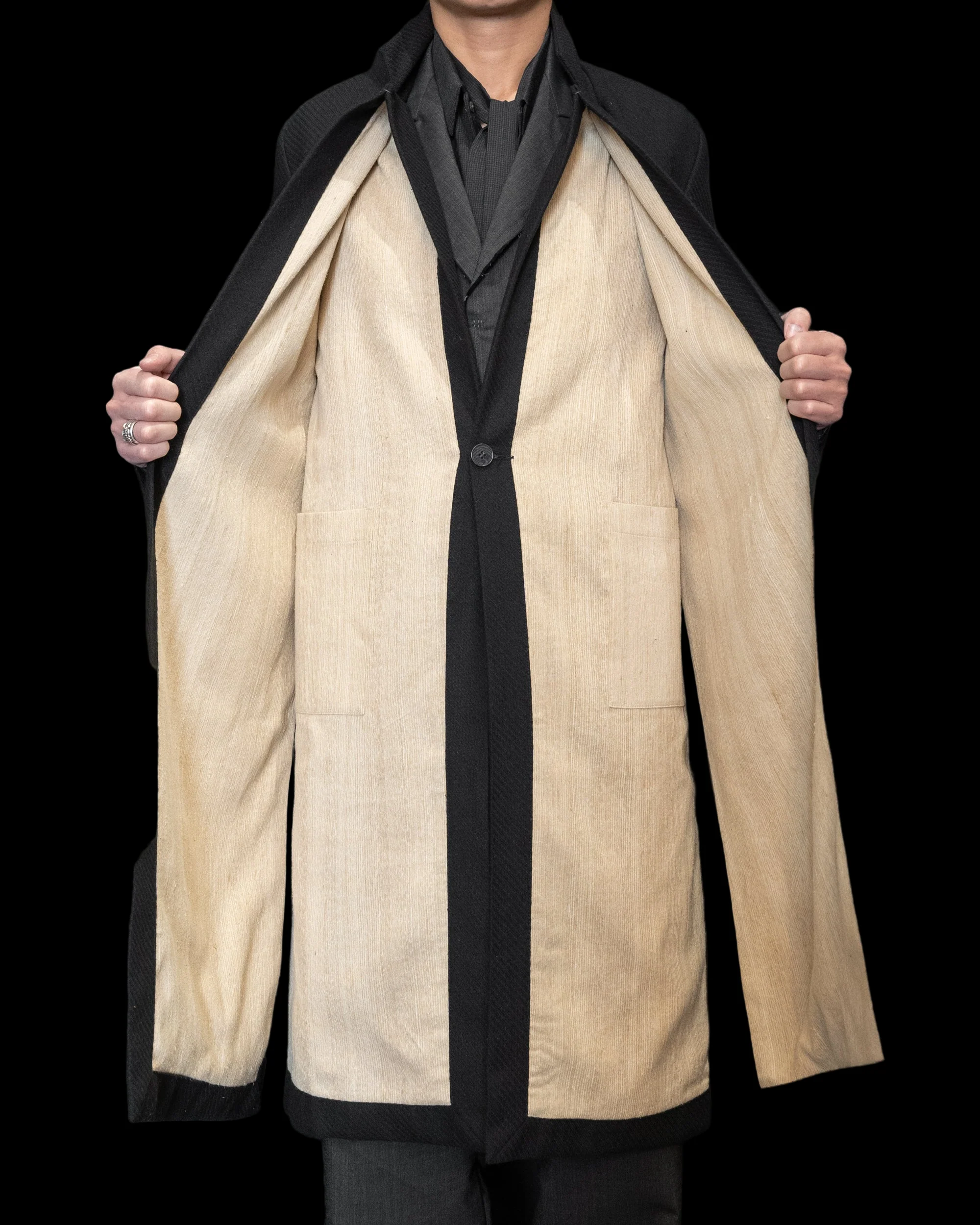 Off Black Unisex Relaxed Fit Adjustable Front Double Panel Coat - Image 4