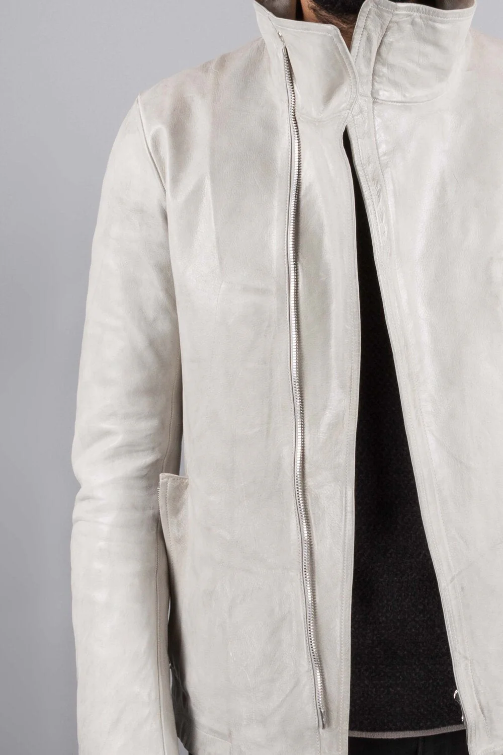 Pale Grey High Neck Kangaroo Leather Jacket by Carol Christian Poell - Image 10