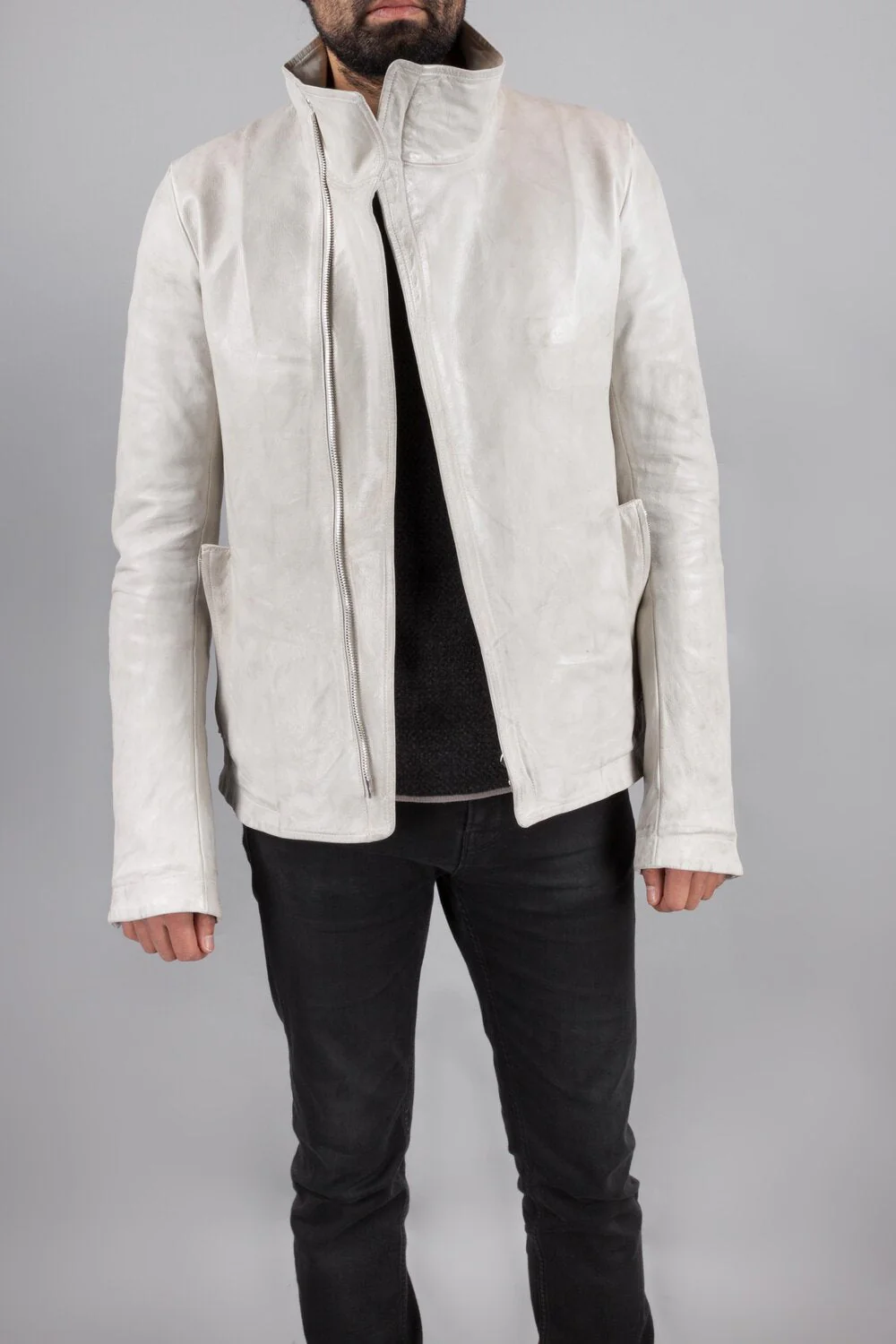 Pale Grey High Neck Kangaroo Leather Jacket by Carol Christian Poell - Image 7